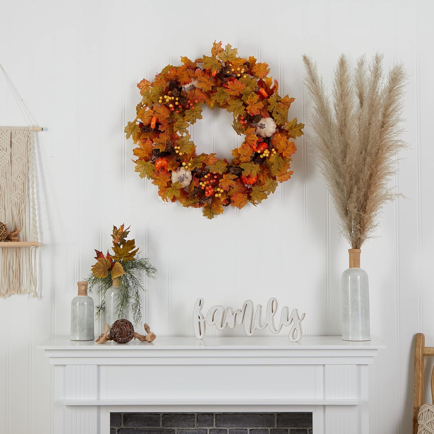 Nearly Natural 30in Autumn Pumpkin Maple Leaf Wreath