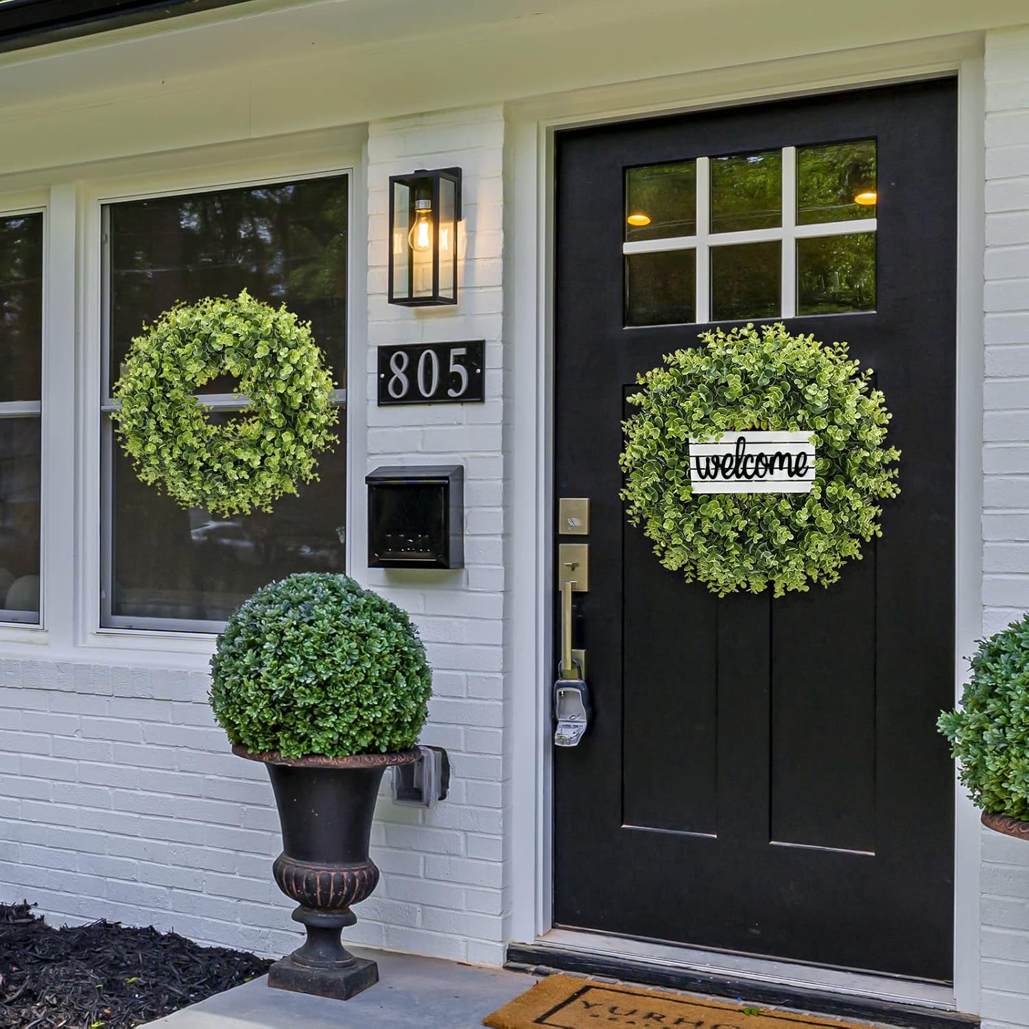 Artificial Boxwood Wreath with Welcome Sign and Hanger