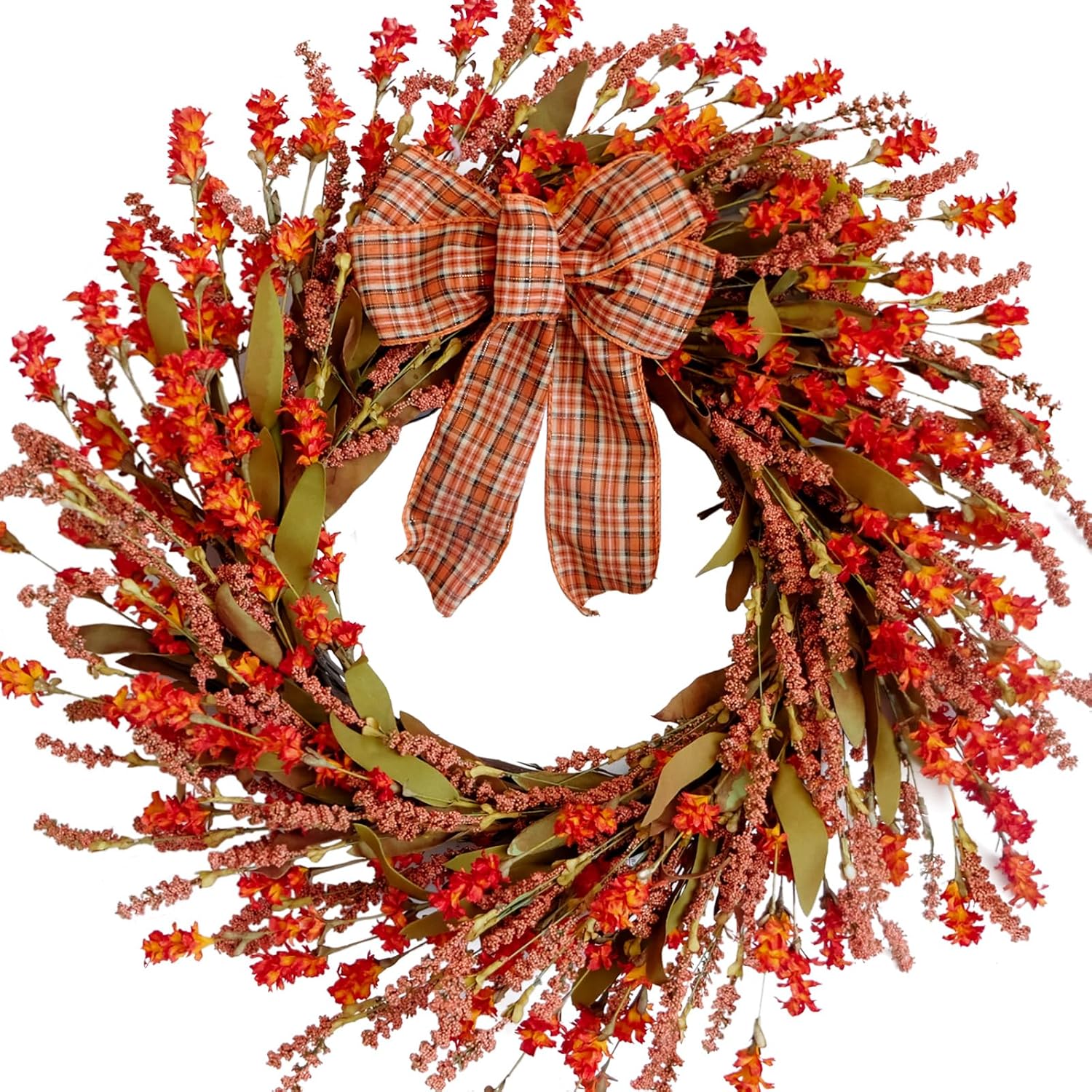 TEMPUS 20 Inch Autumn Red Salvia Wreath Artificial Fall Decor