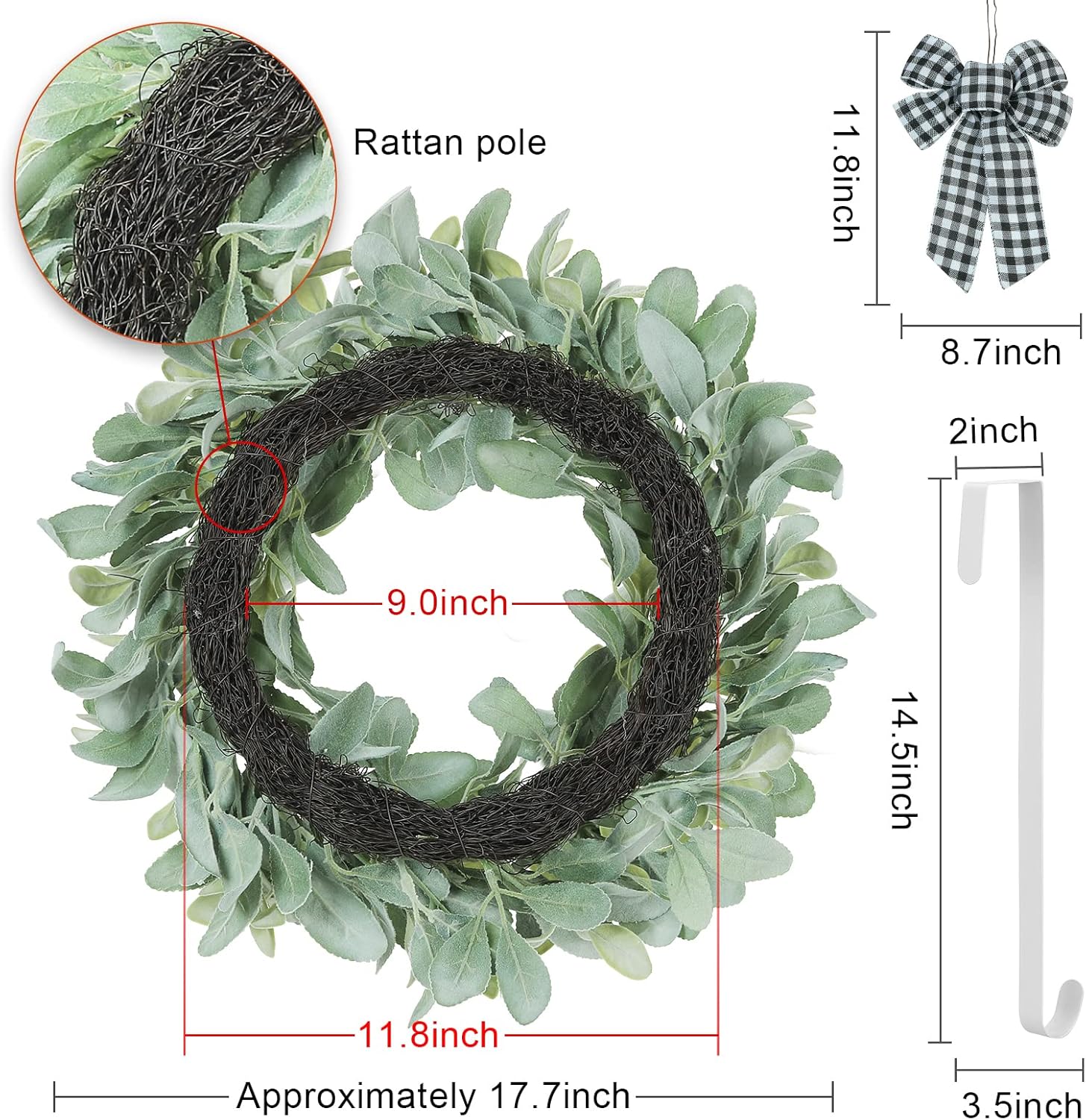 18 Inch Flocked Lambs Ear Wreath with 3 Bows