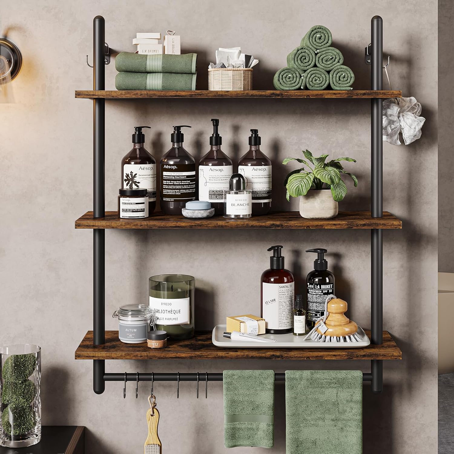 Bestier 3 Tier Floating Wall Shelving with Towel Bar