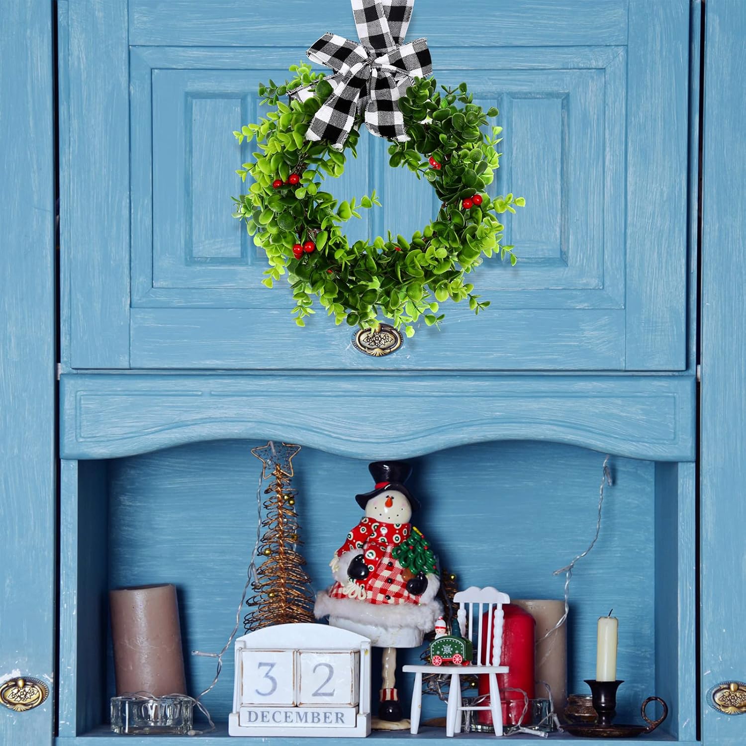 6 Pcs Christmas Kitchen Cabinet Wreaths with Plaid Ribbon