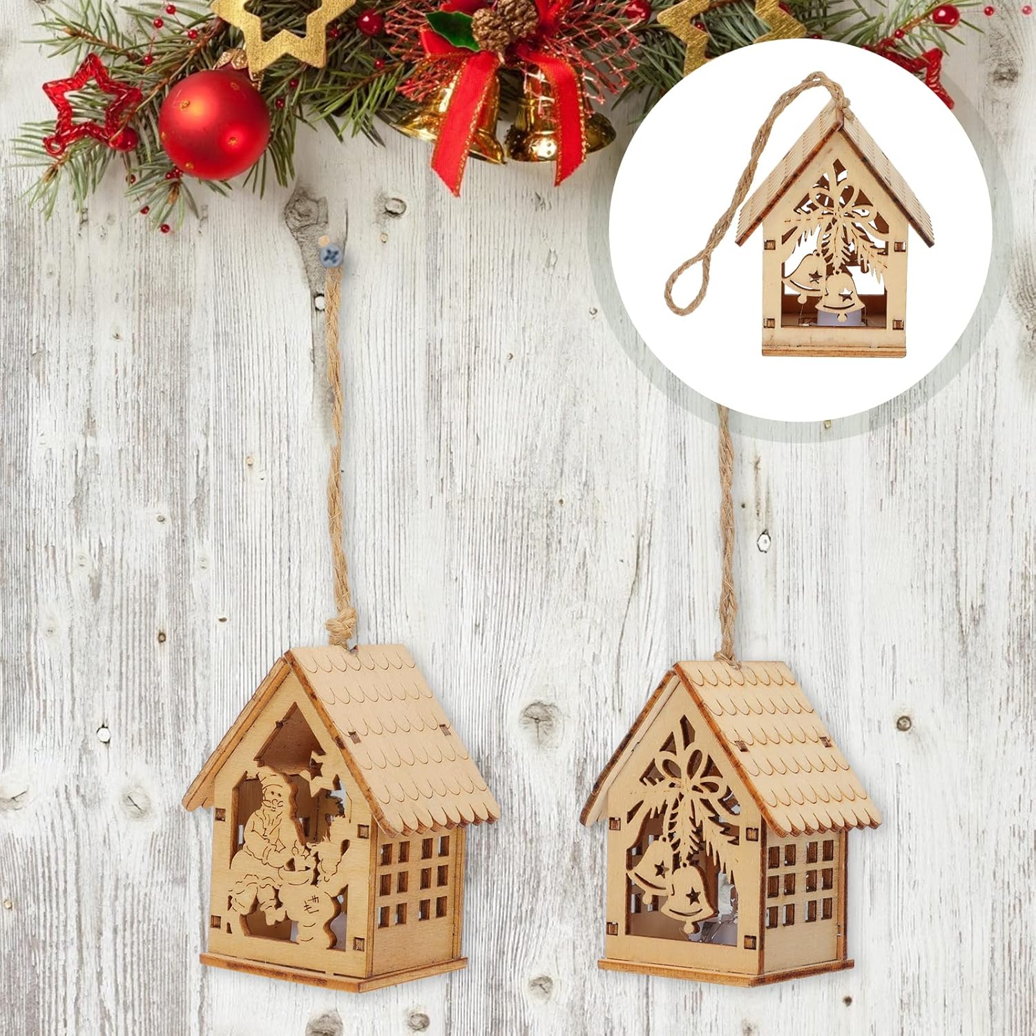 Uonlytech 2pcs Luminous Wooden Christmas Pendant for Home Decor