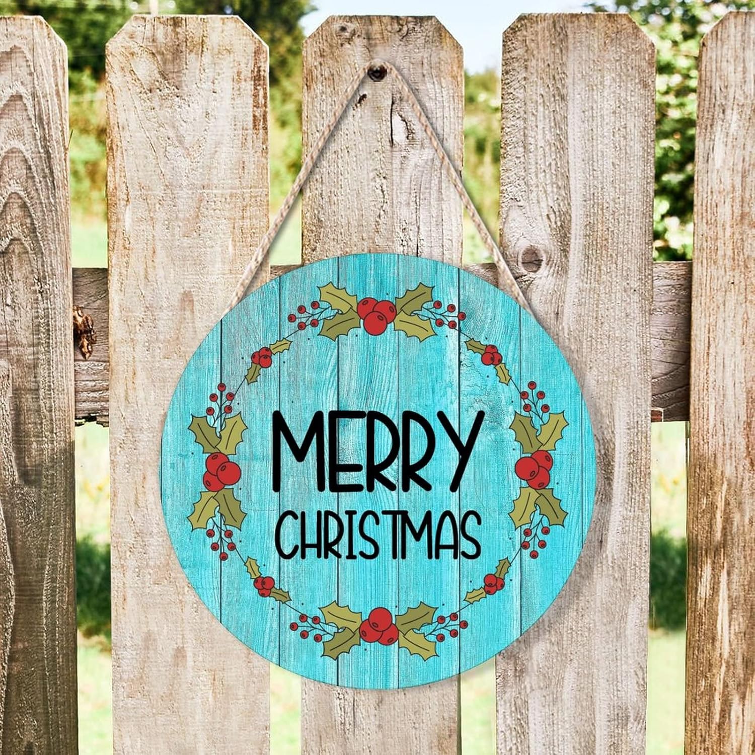 Farmhouse Front Door Hanger with Holly Christmas Wreath Wood Sign 10x10in