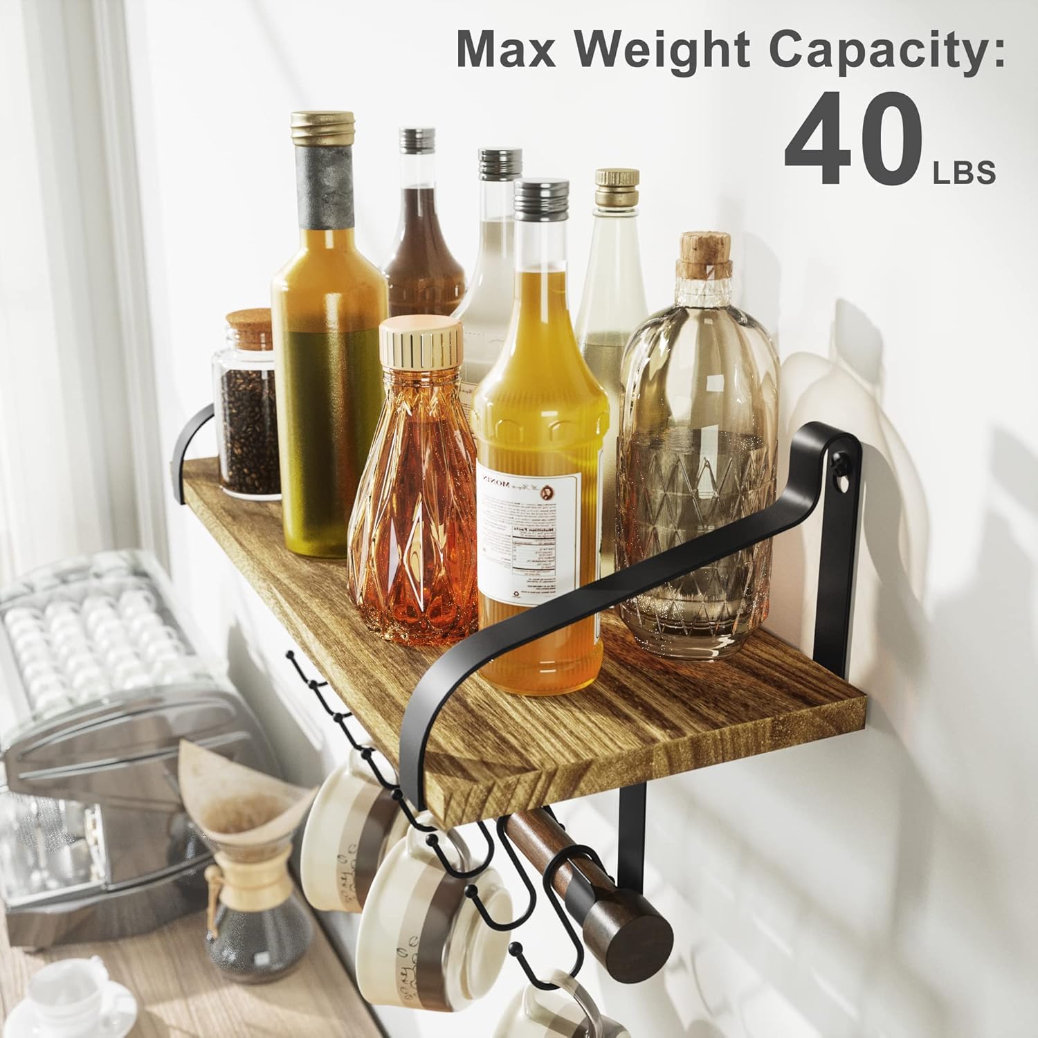 Love-KANKEI Floating Shelf with 8 Hooks and Towel Bar