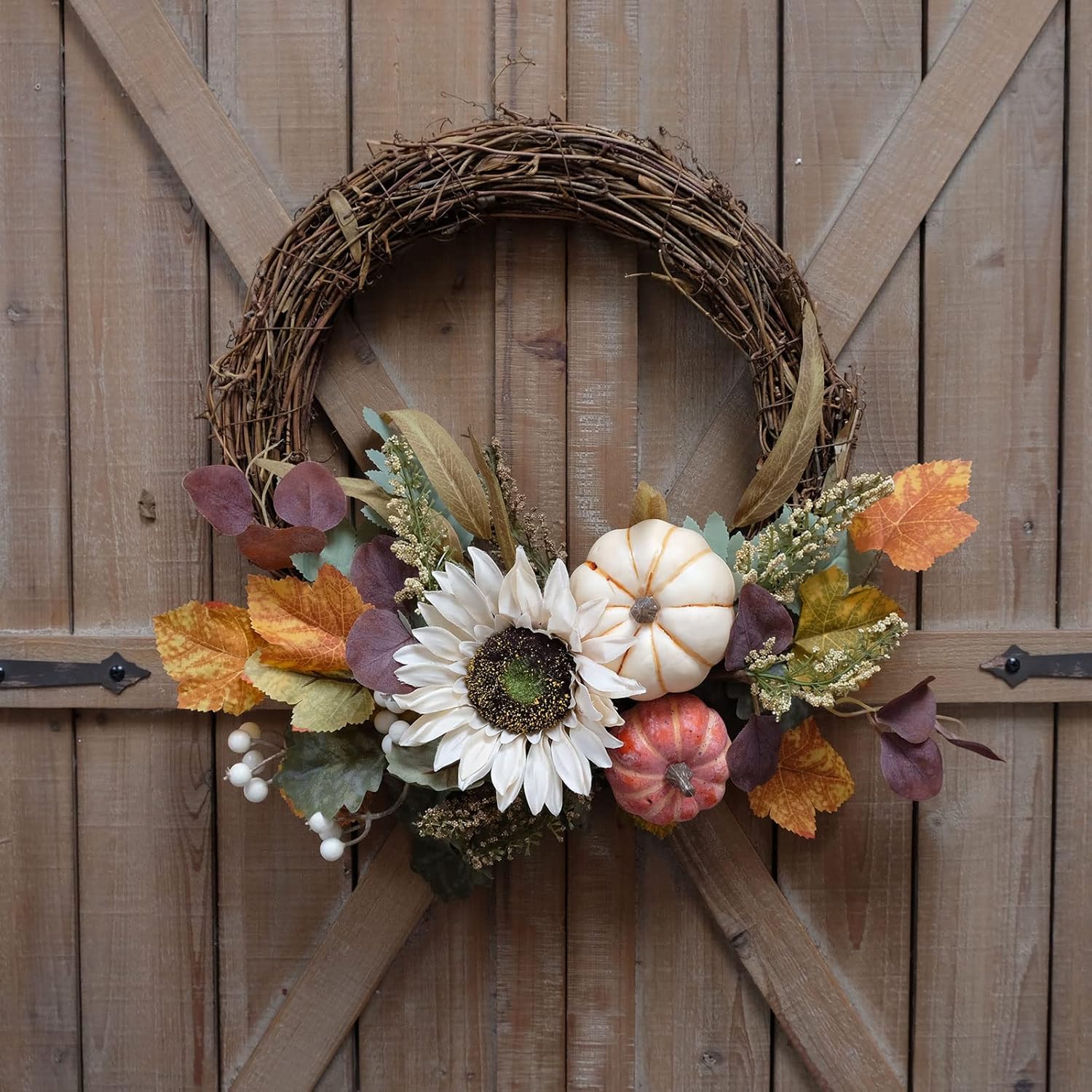 12 Inch Fall Harvest Wreath with Pumpkins and Sunflowers
