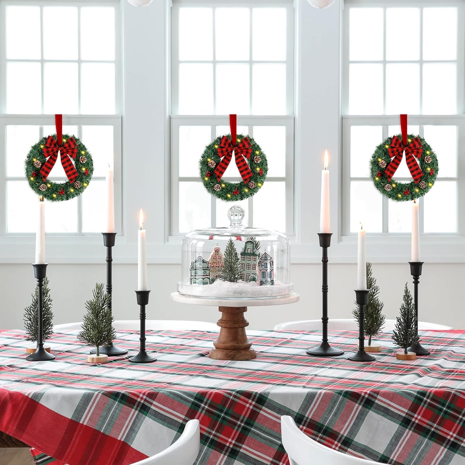 ATDAWN 3 Pack Mini Christmas Wreath with Light
