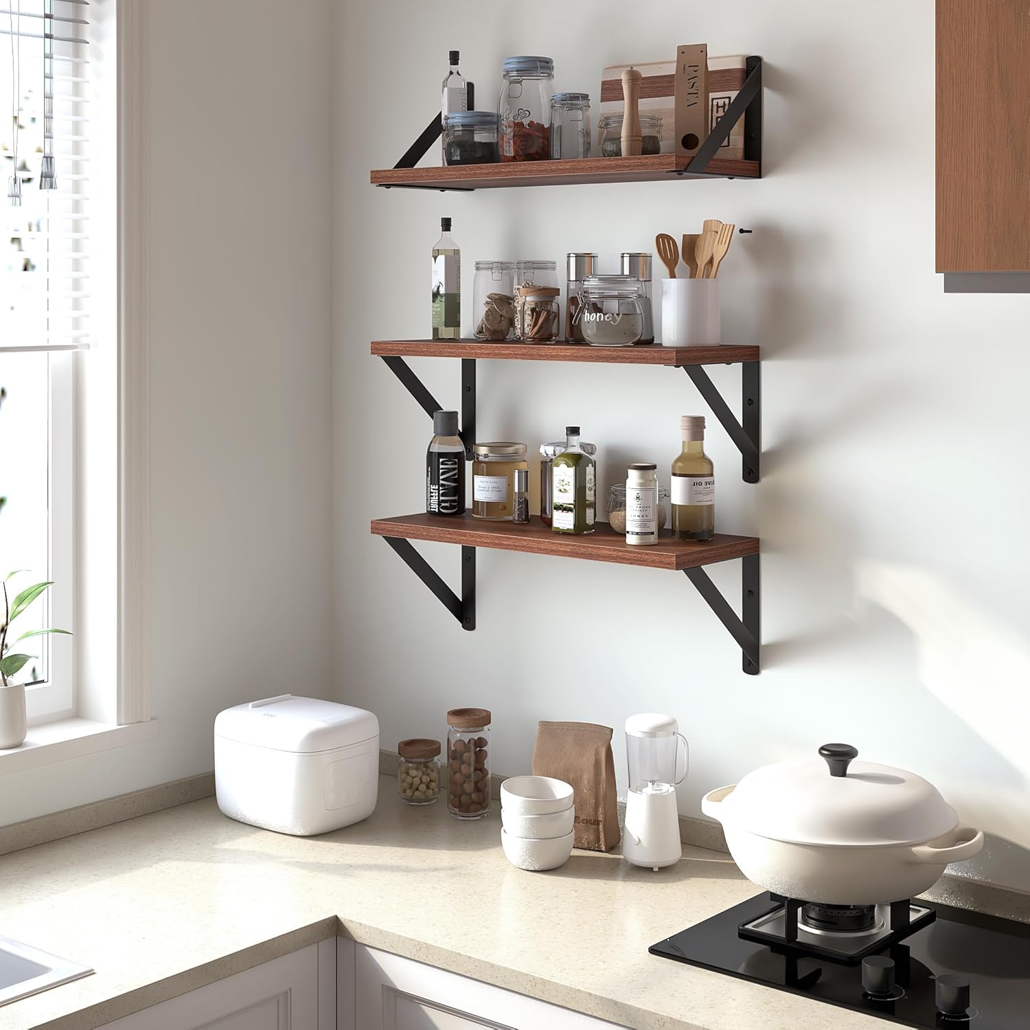 Heimlove Floating Shelves Set of 3 16 Inch Walnut Wood Wall Shelves