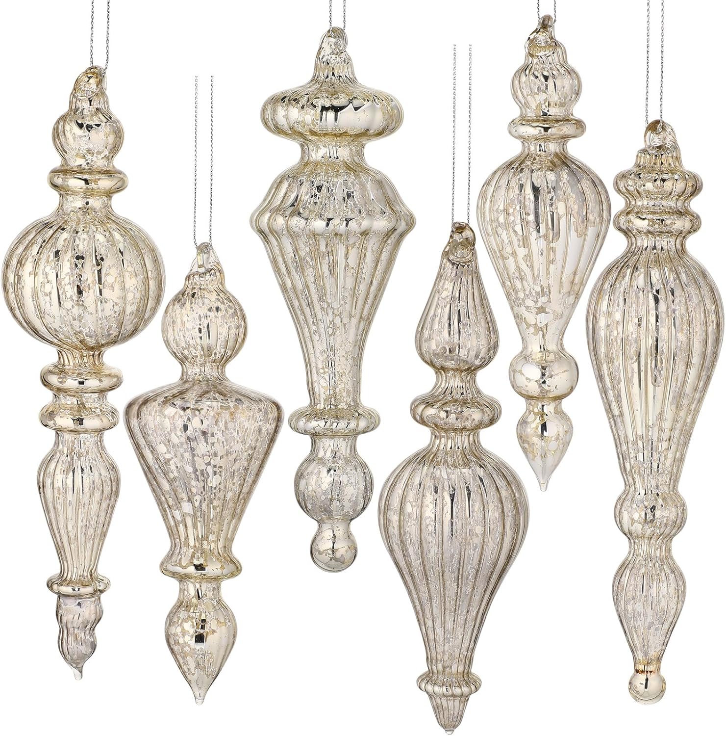 6 Pcs Silver Crystal Glass Christmas Finials Hanging Decorations