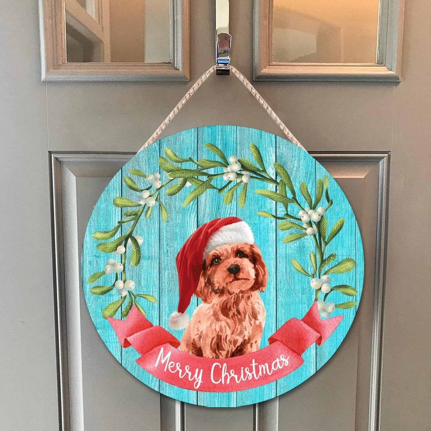 Farmhouse Door Hanger Funny Dog Santa Hat Holly Wreath Wood Sign