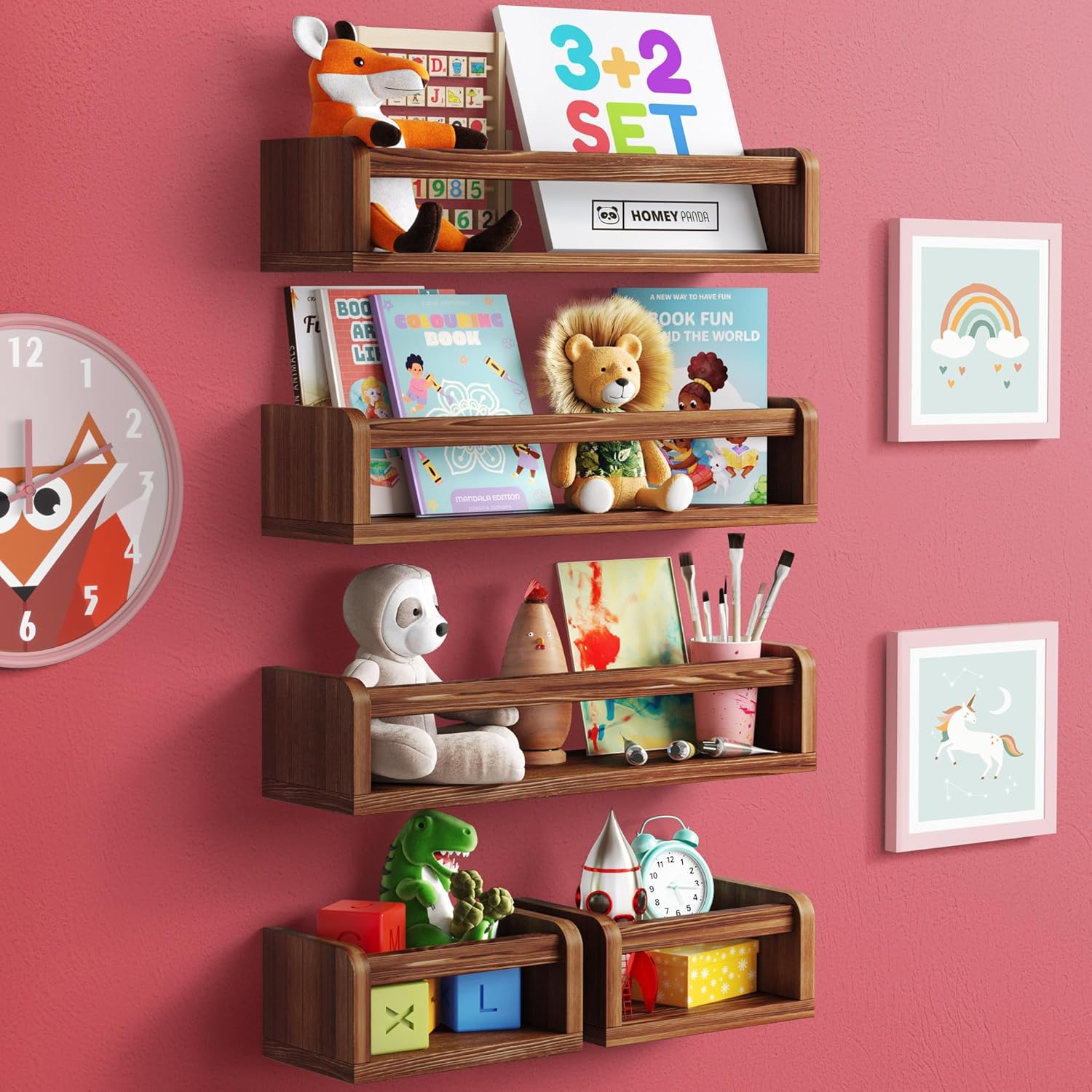Wall-Mounted Nursery Bookshelves - 3 Long 2 Mini Shelves
