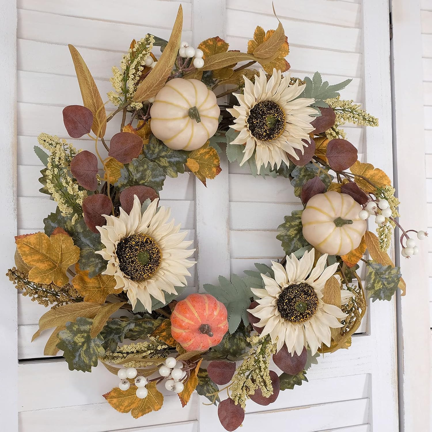 Idyllic 20 Inch White Sunflower Pumpkin Fall Wreath