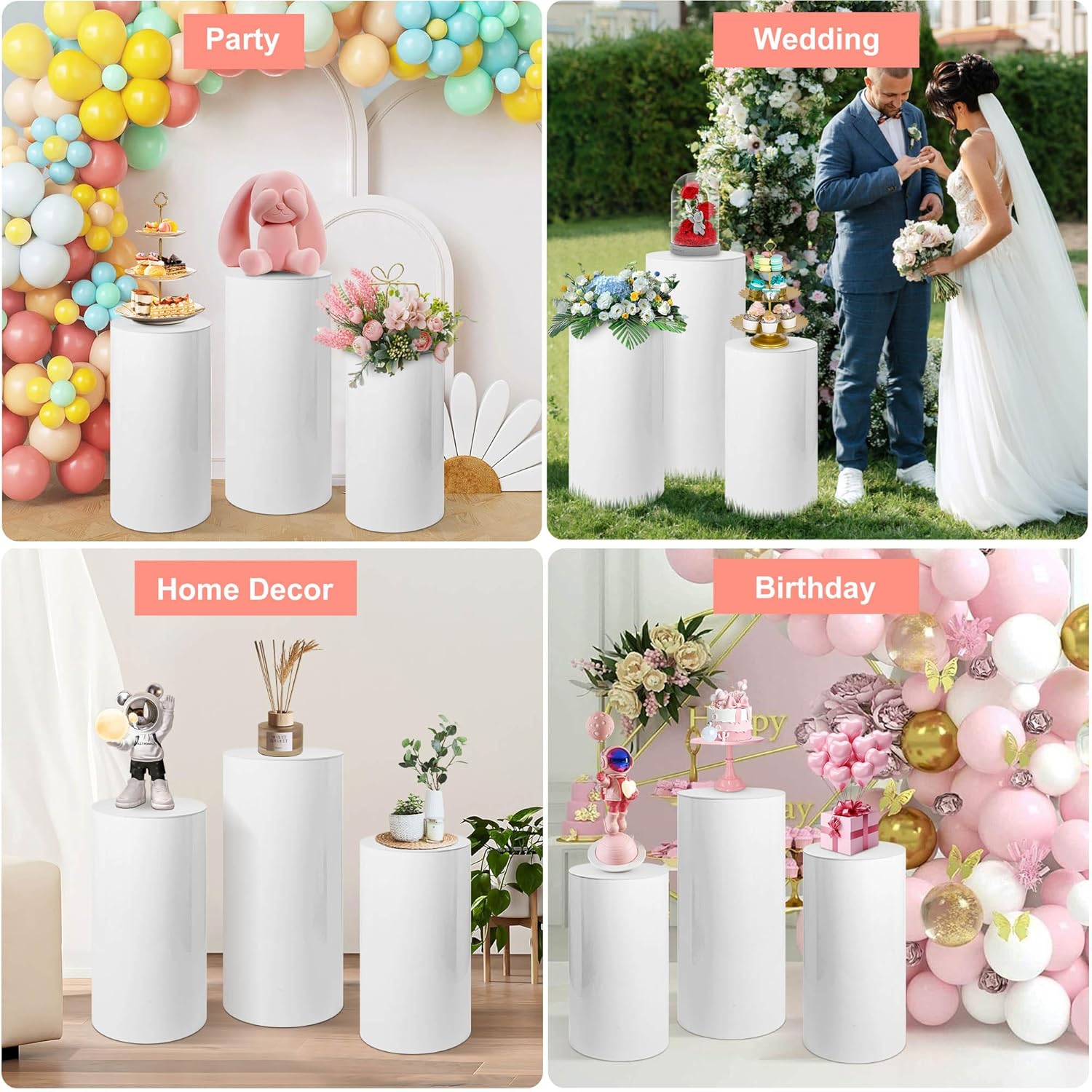 3PCS White Cylinder Pedestal Stands for Party Displays