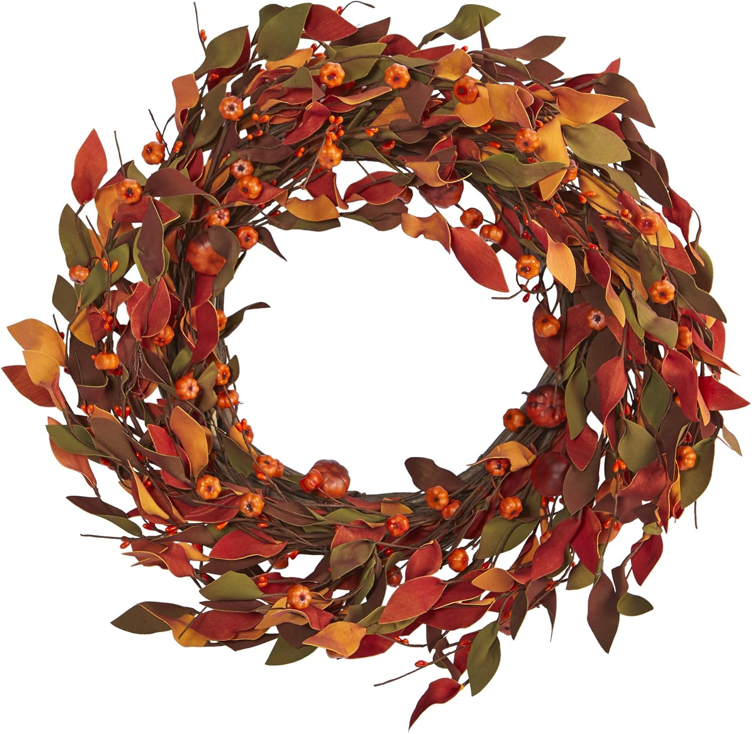 Nearly Natural 20in Harvest Leaf and Mini Pumpkin Artificial Wreath