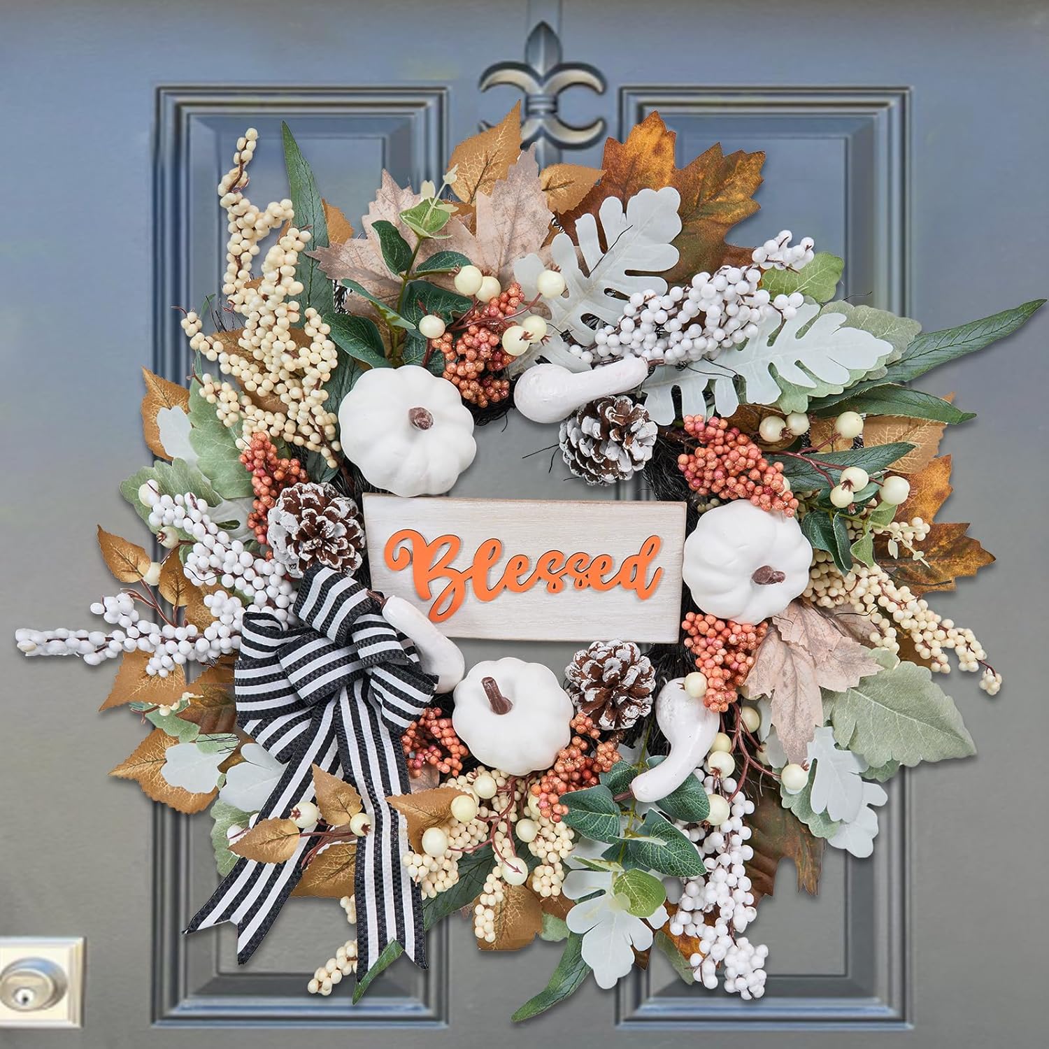 Vofuly Fall Wreath with White Pumpkin and Ribbon Bow