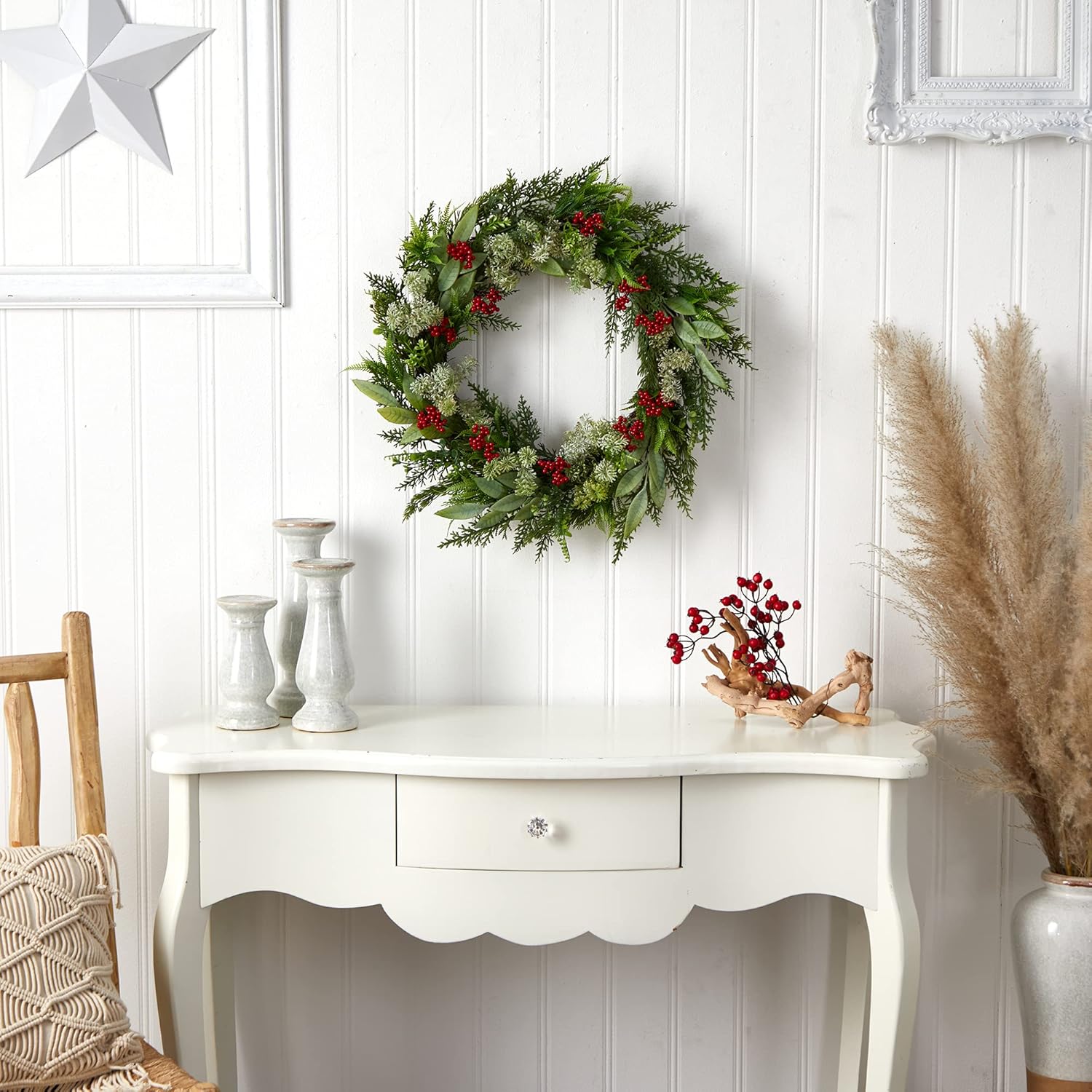 Nearly Natural 24in Artificial Christmas Wreath with Cedar Eucalyptus and Berries