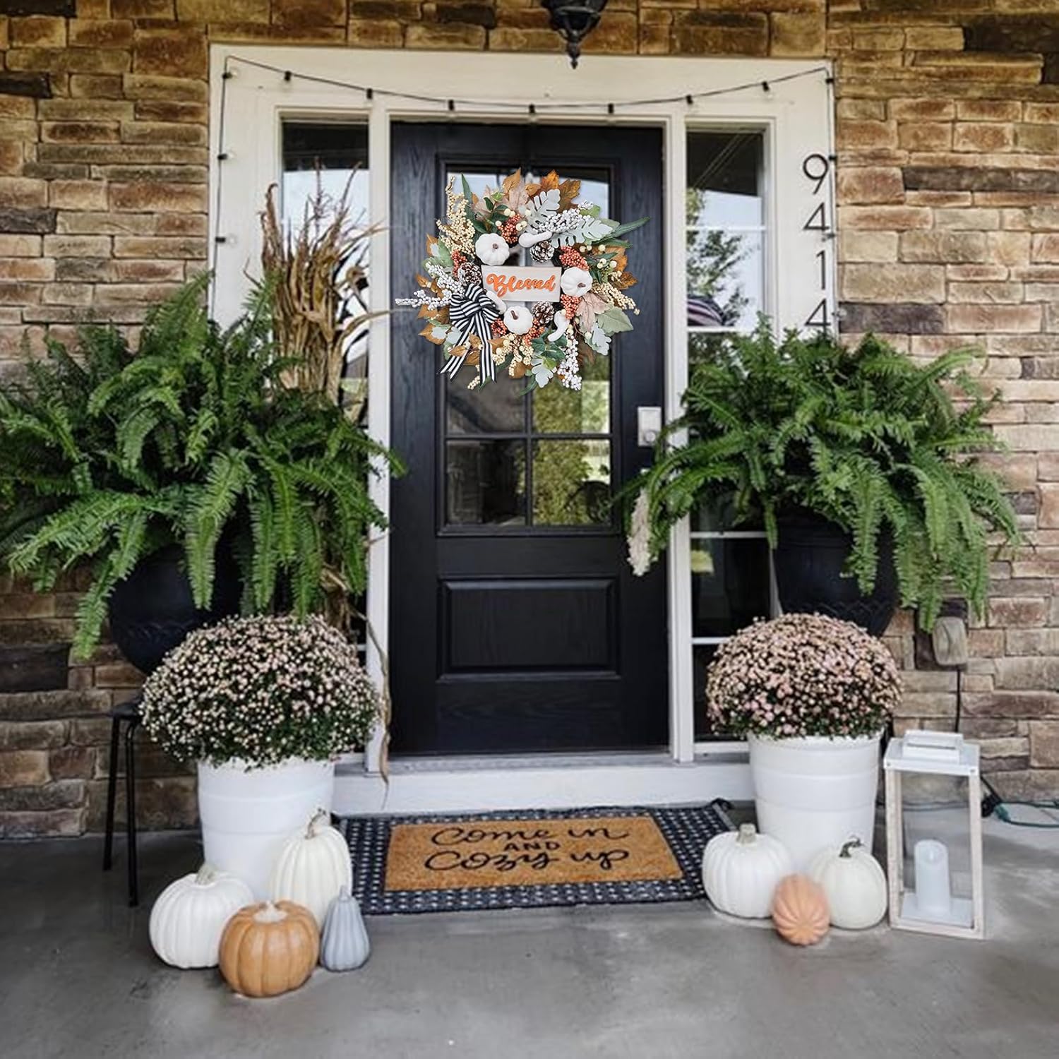 Vofuly Fall Wreath with White Pumpkin and Ribbon Bow