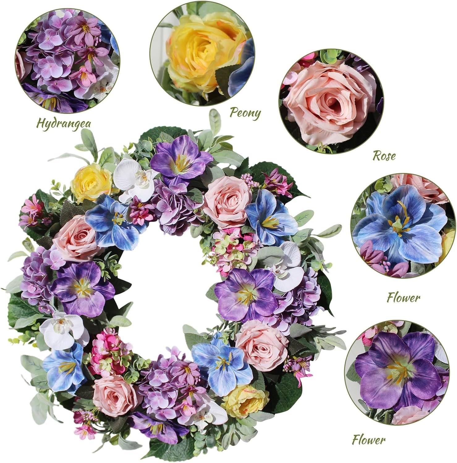 24 Inch Spring Summer Door Wreath with Purple Hydrangea and Pink Roses