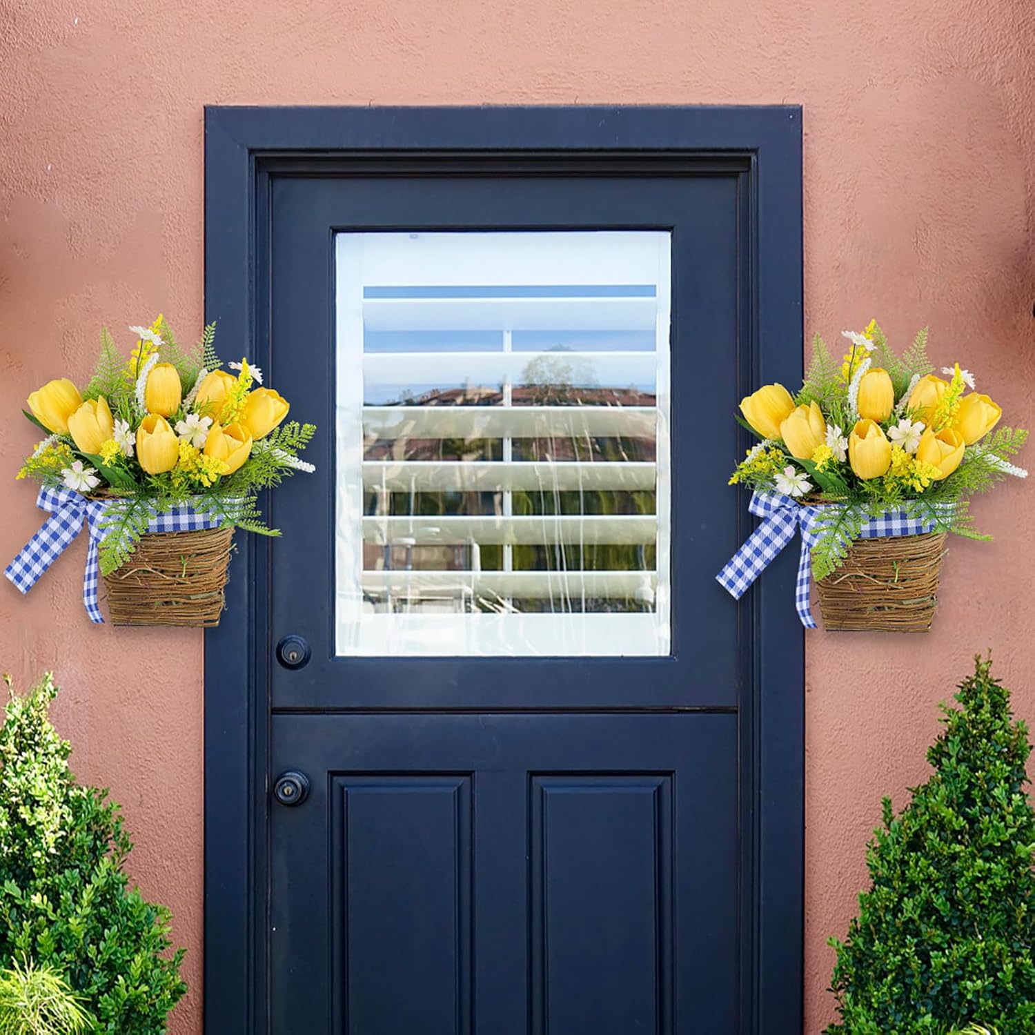 Tomotato Tulips Door Wreath Basket with Wildflowers