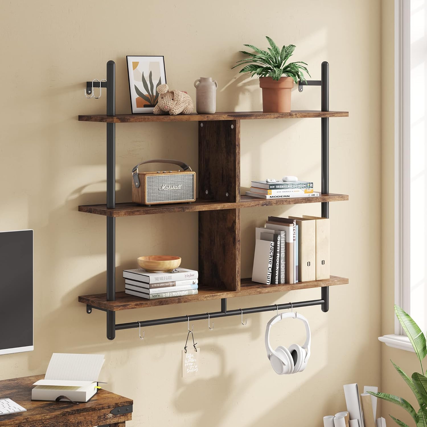 Bestier 3 Tier Floating Pipe Shelf Rustic Brown 415
