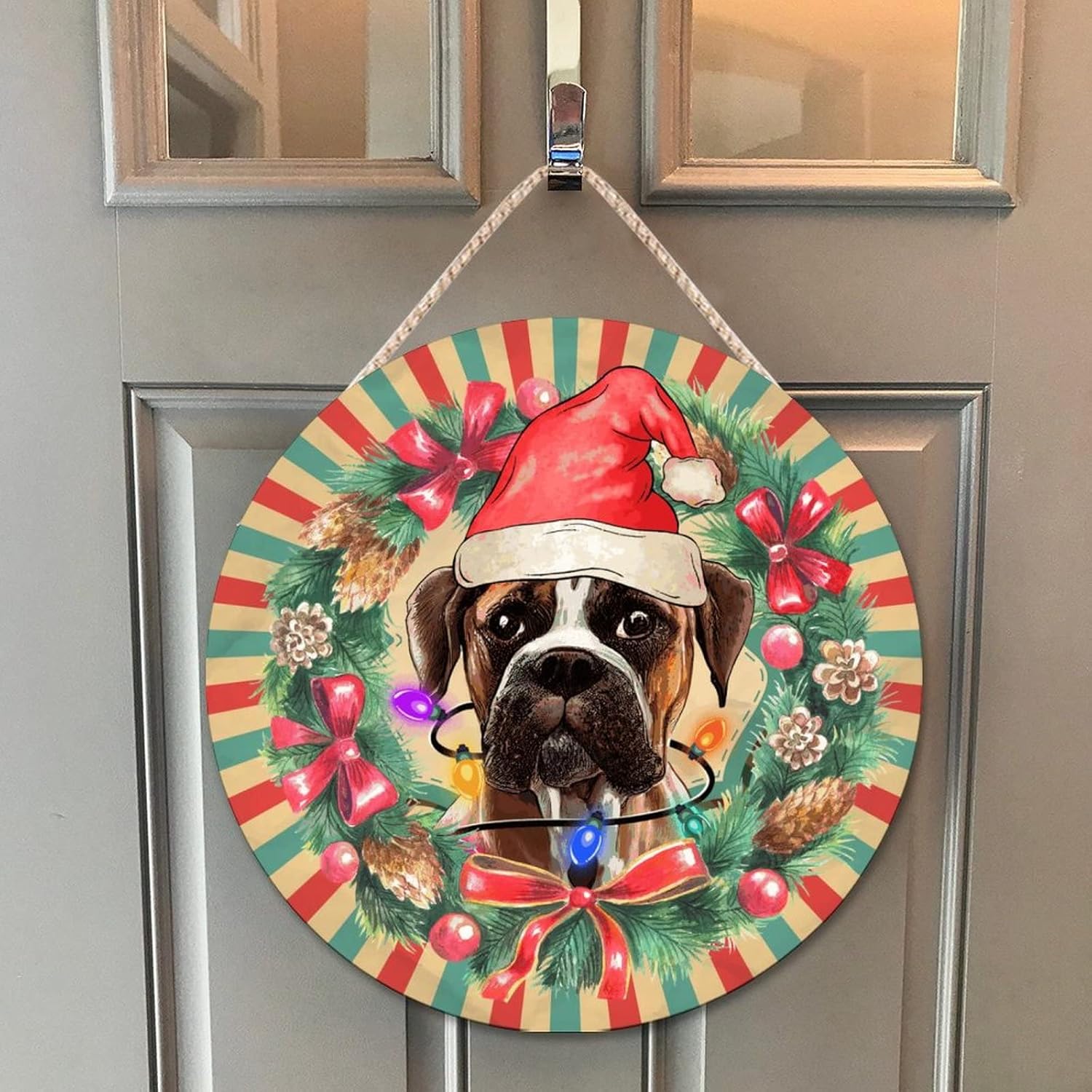 Farmhouse Door Hanger Santa Hat Wreath Wood Sign 10x10in
