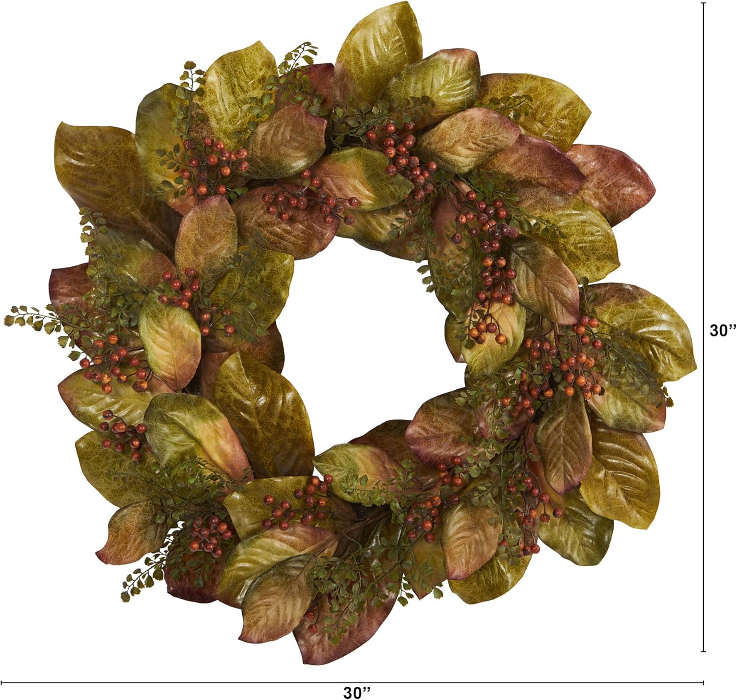 Nearly Natural 30in Fall Magnolia Leaf and Berries Wreath