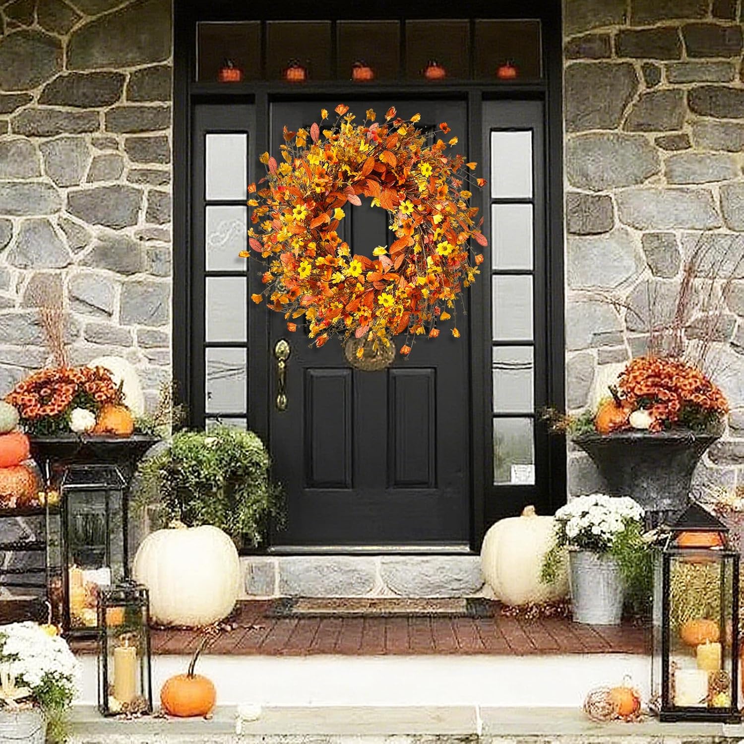 Fall Wreath for Front Door with LED Light Timer