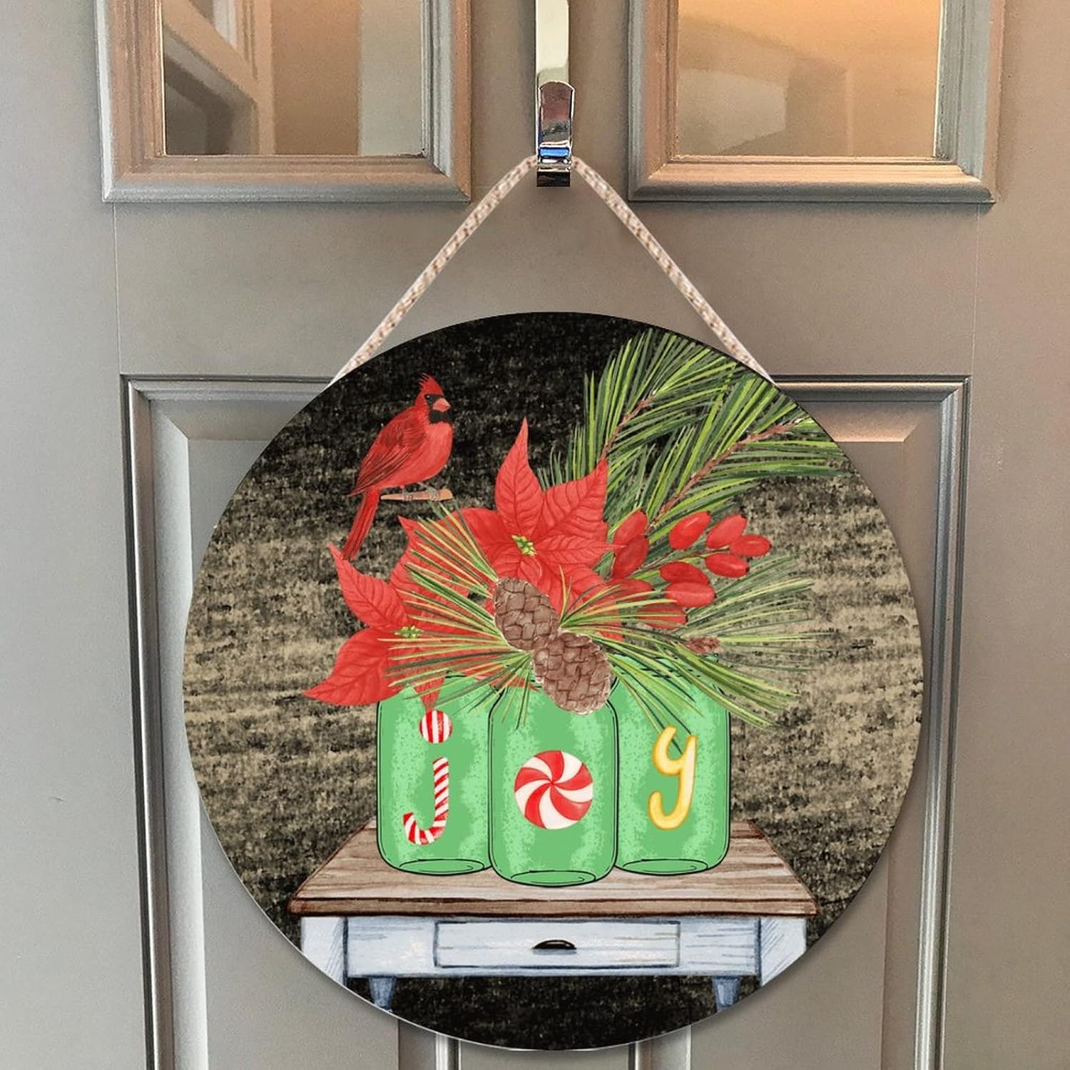 Farmhouse Door Hanger Christmas Red Bird Flower Joy Wood Sign 12x12in
