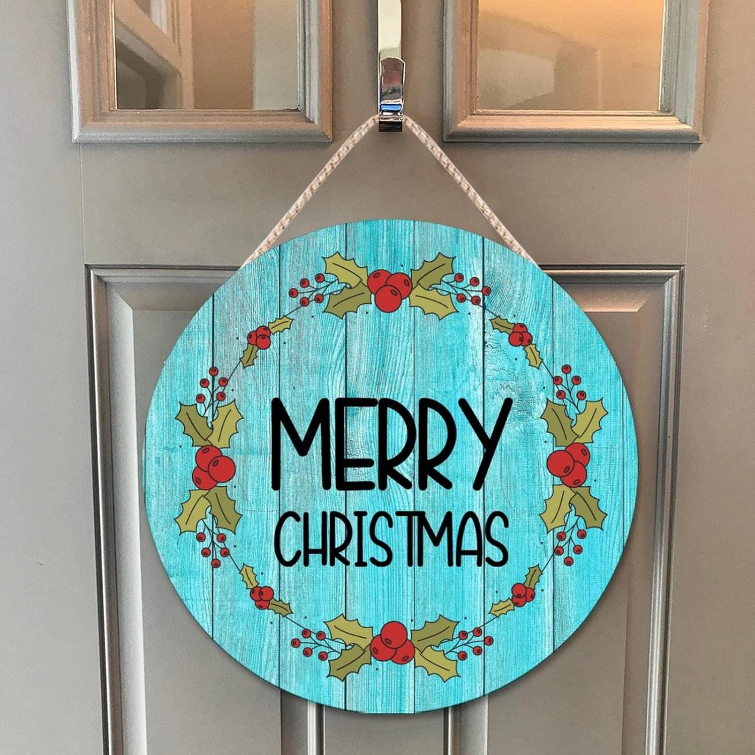 Farmhouse Front Door Hanger with Holly Christmas Wreath Wood Sign 10x10in