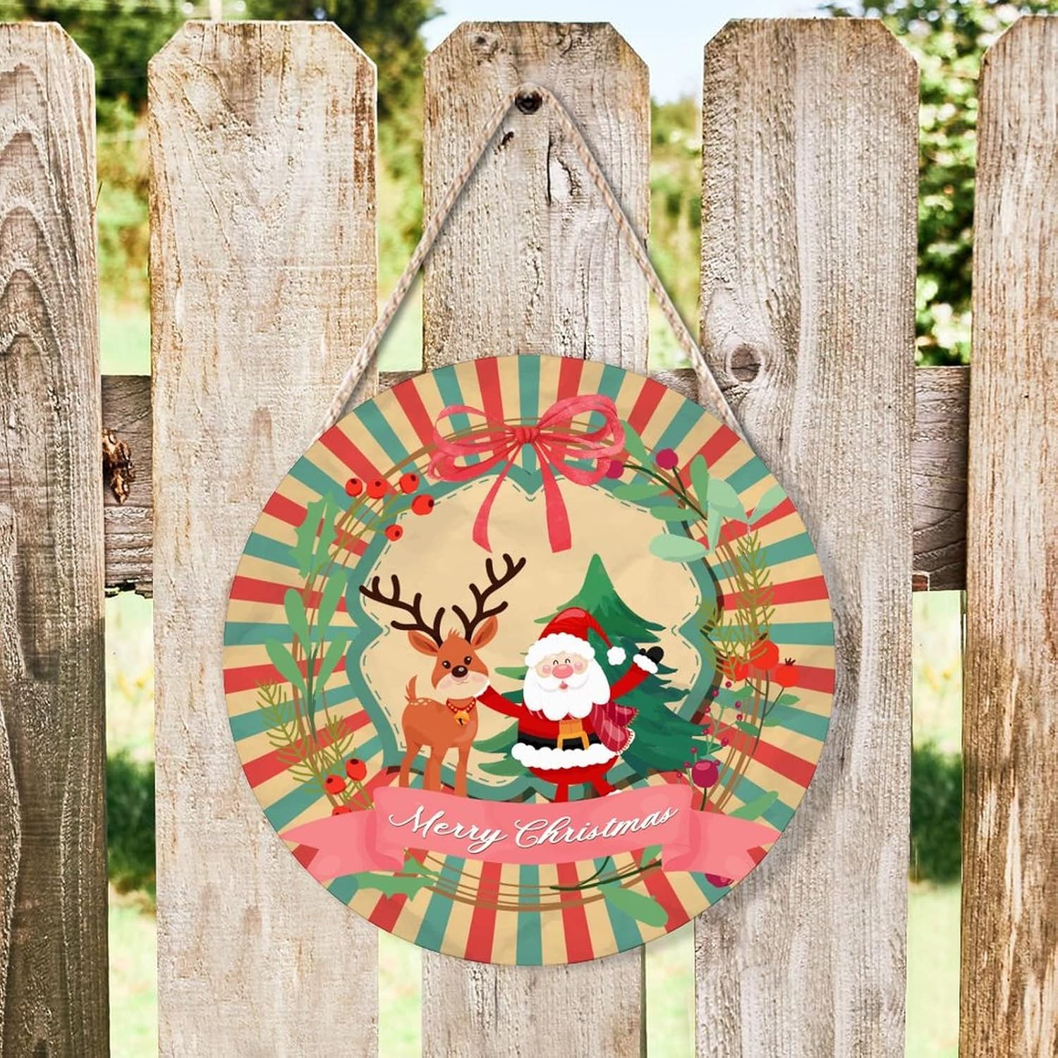 Holly Christmas Wreath Funny Santa Reindeer Door Hanger