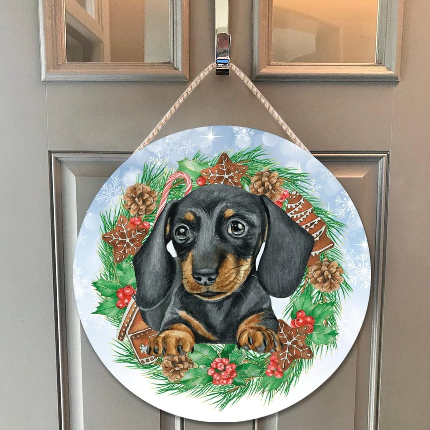 Farmhouse Front Door Hanger Christmas Dog Santa Hat Wreath Wood Sign
