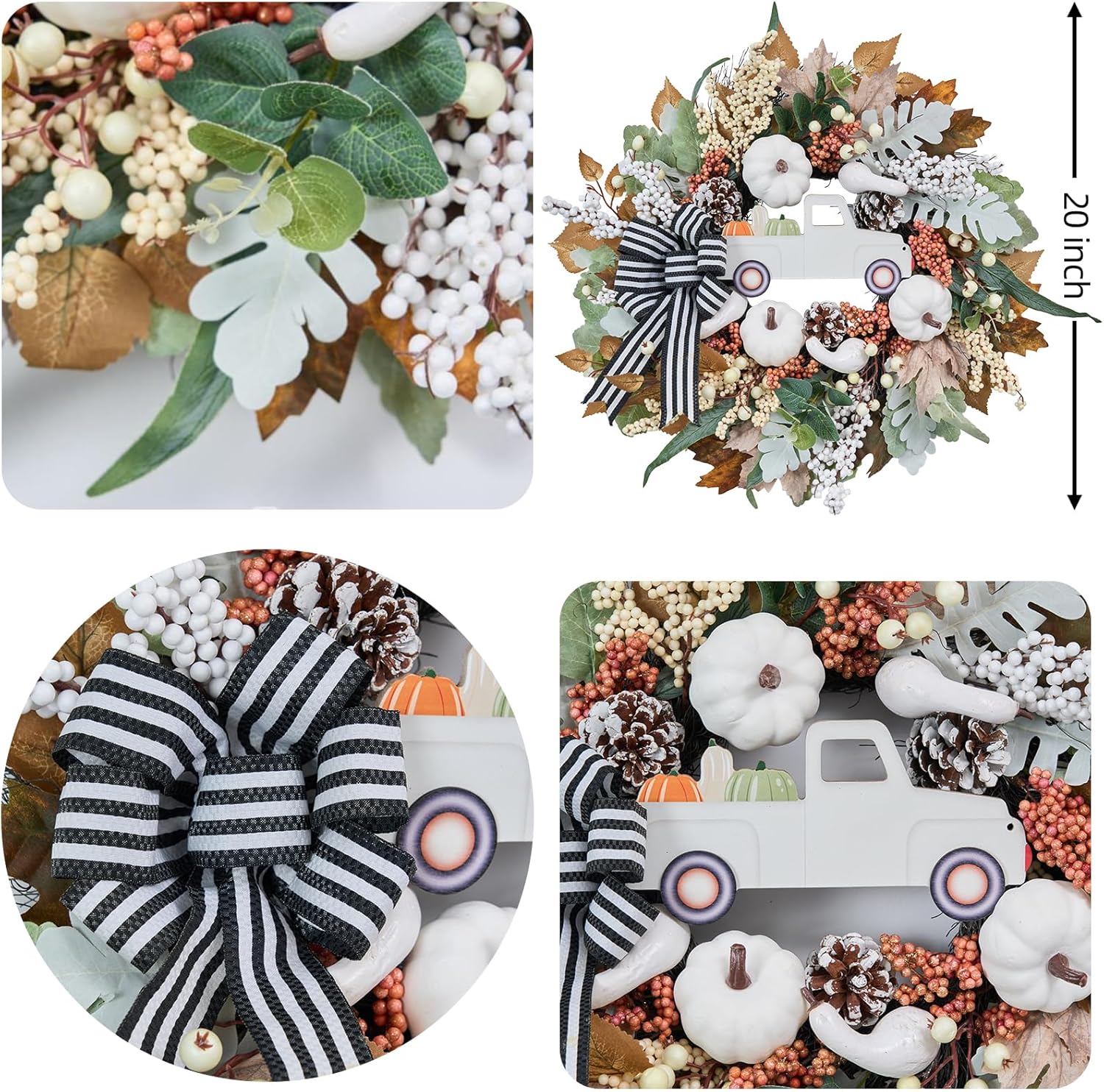 20 Inch Fall Wreath with White Pumpkin and Ribbon Bow