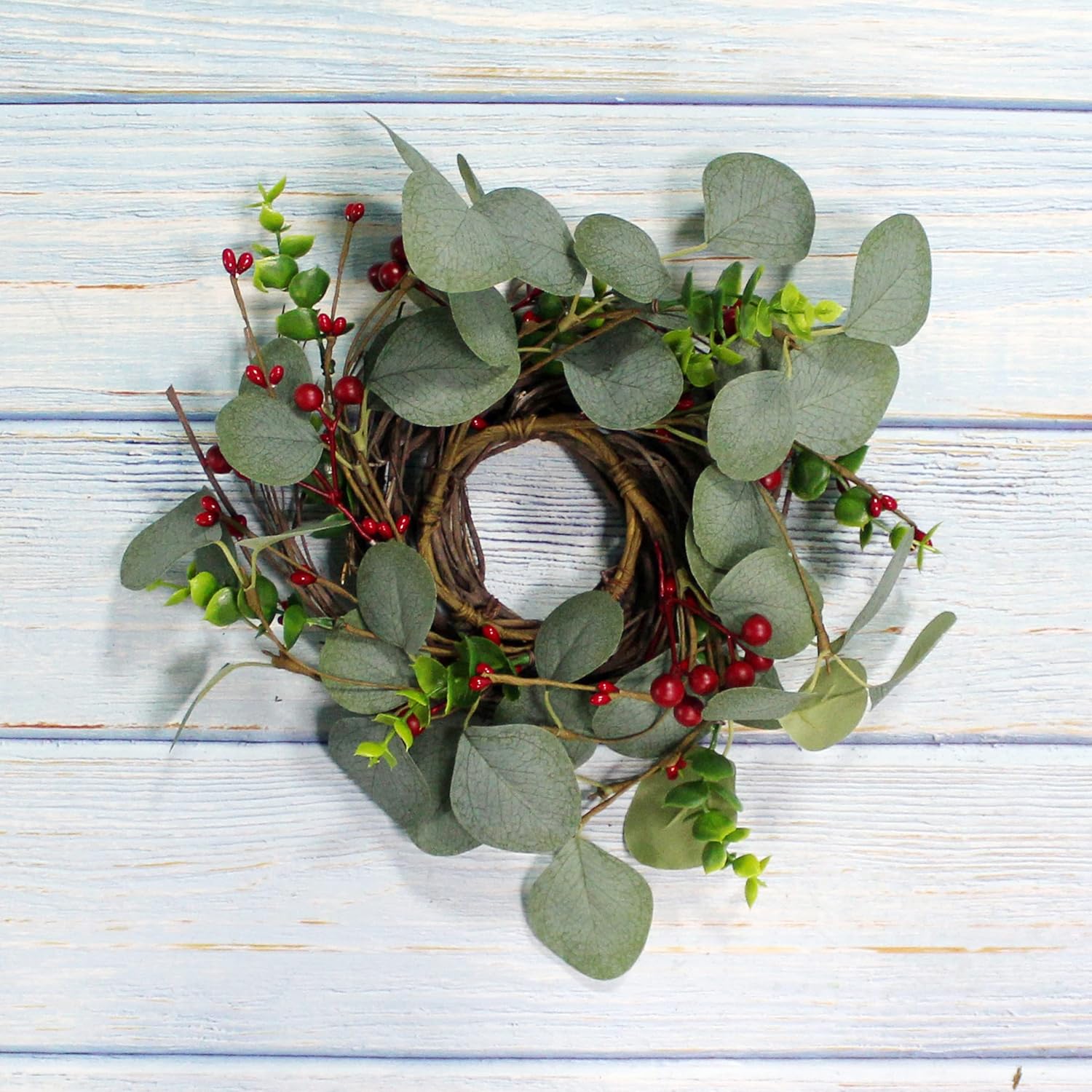 Rustic Country Artificial Eucalyptus Leaves and Berries Wreath 9 Inch