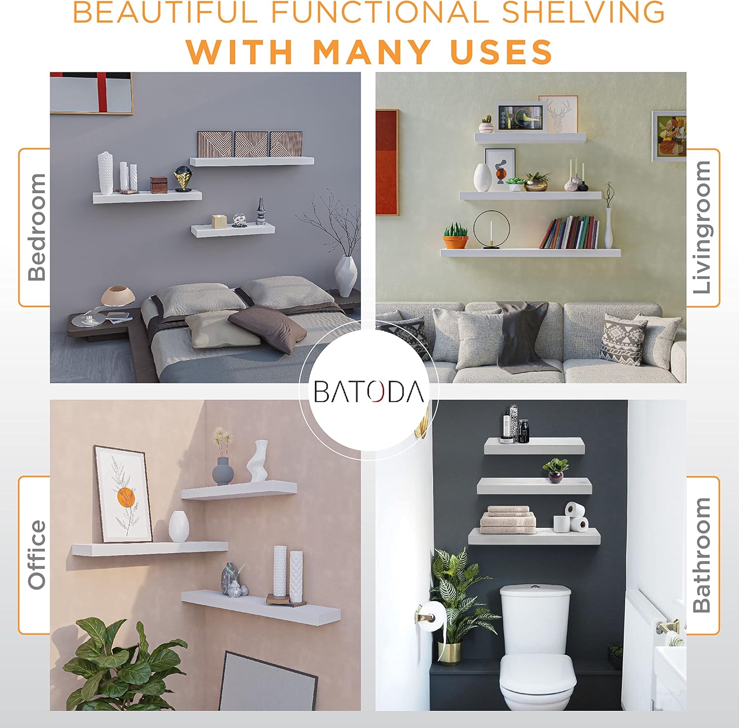 BATODA Set of 2 17 Inch White Floating Shelves Wall Mounted