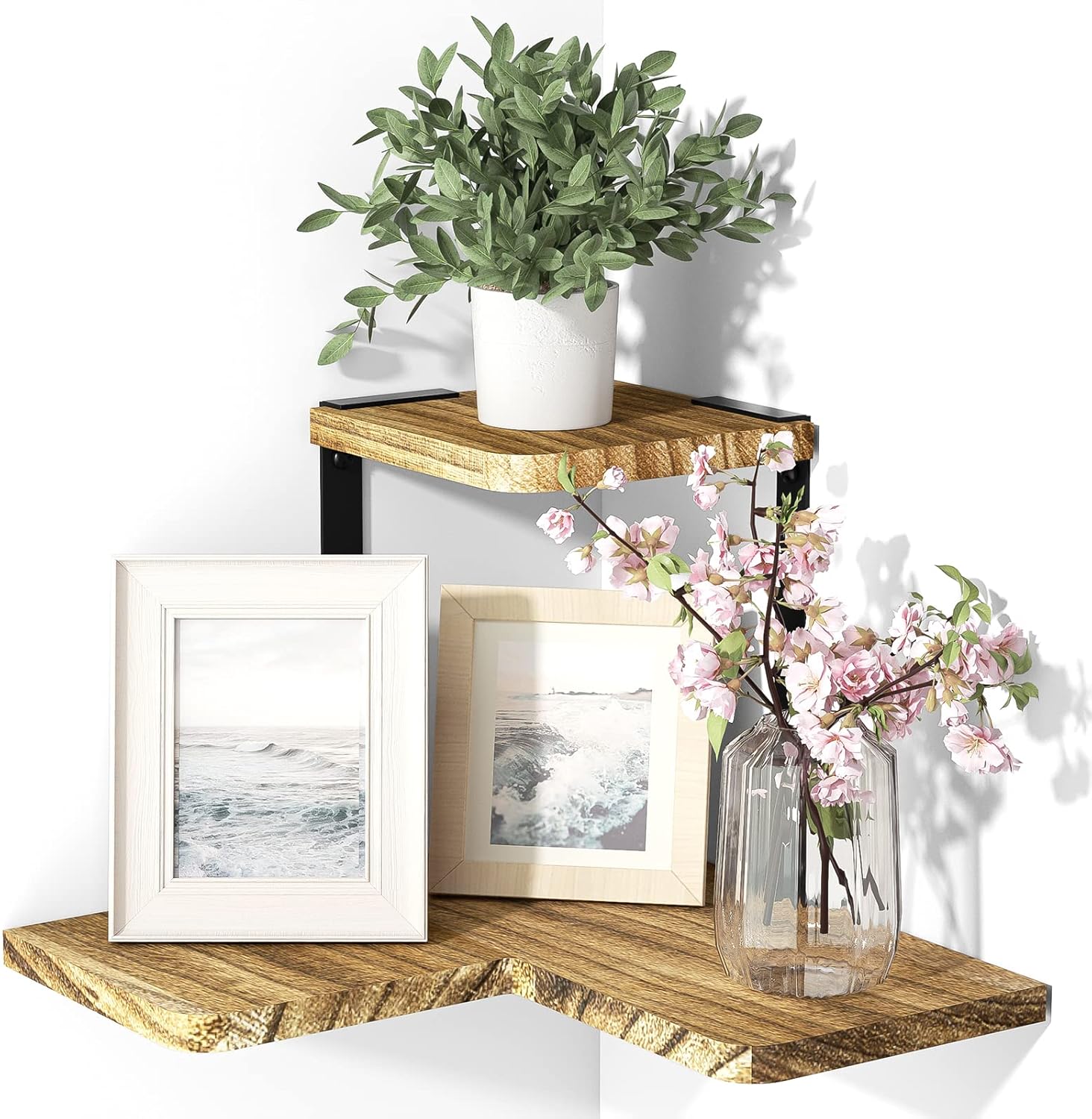 SRIWATANA Rustic Corner Shelf 2-Tier Wood Wall Mount