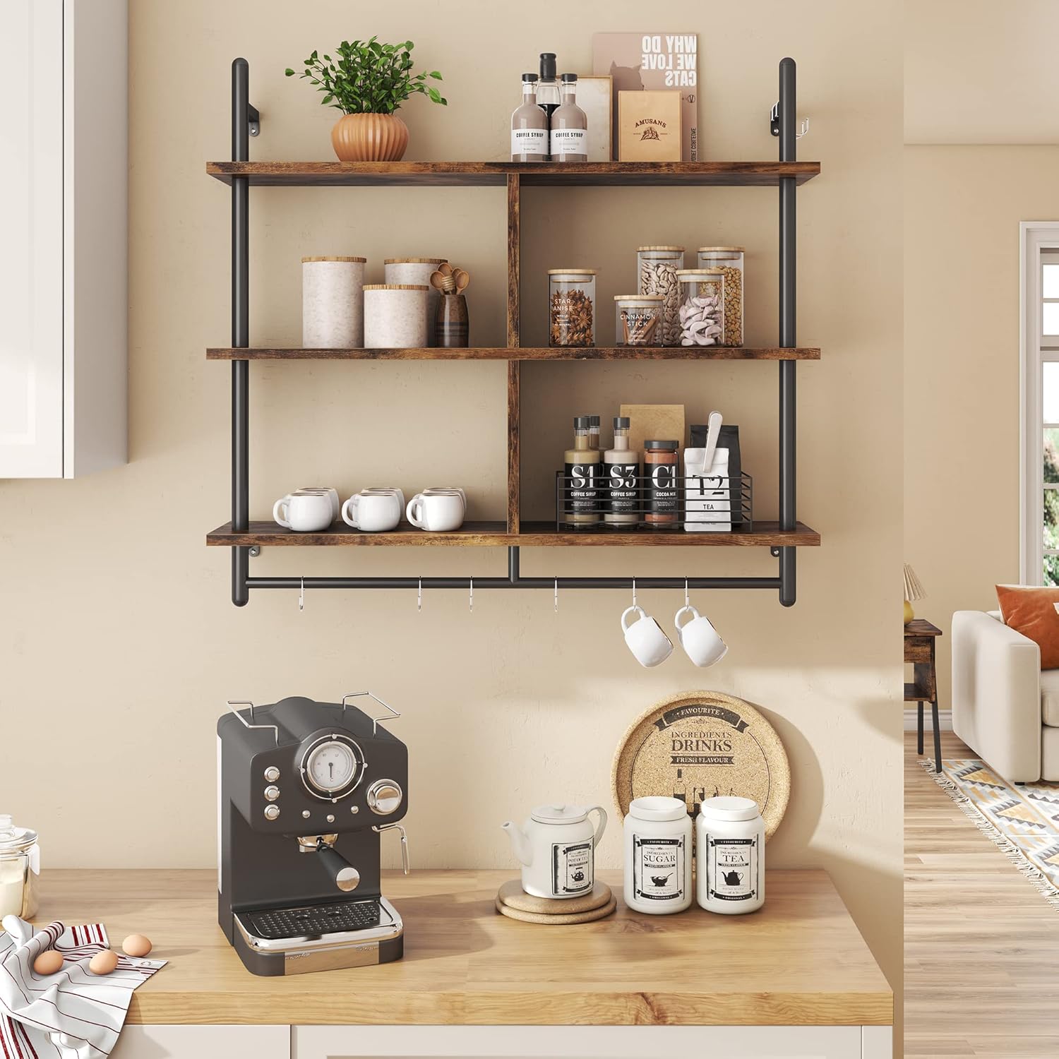 Bestier 3 Tier Floating Pipe Shelf Rustic Brown 415