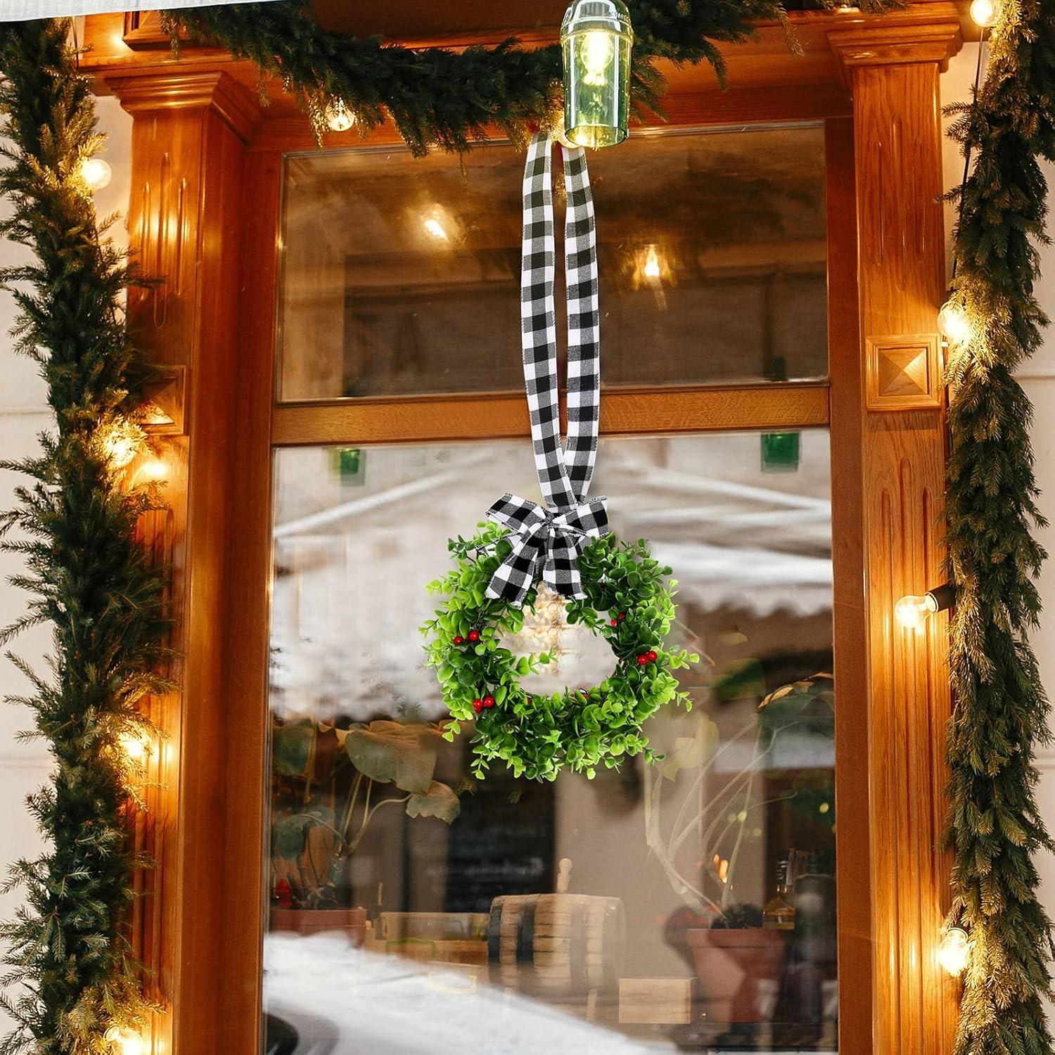 6 Pcs Christmas Kitchen Cabinet Wreaths with Plaid Ribbon