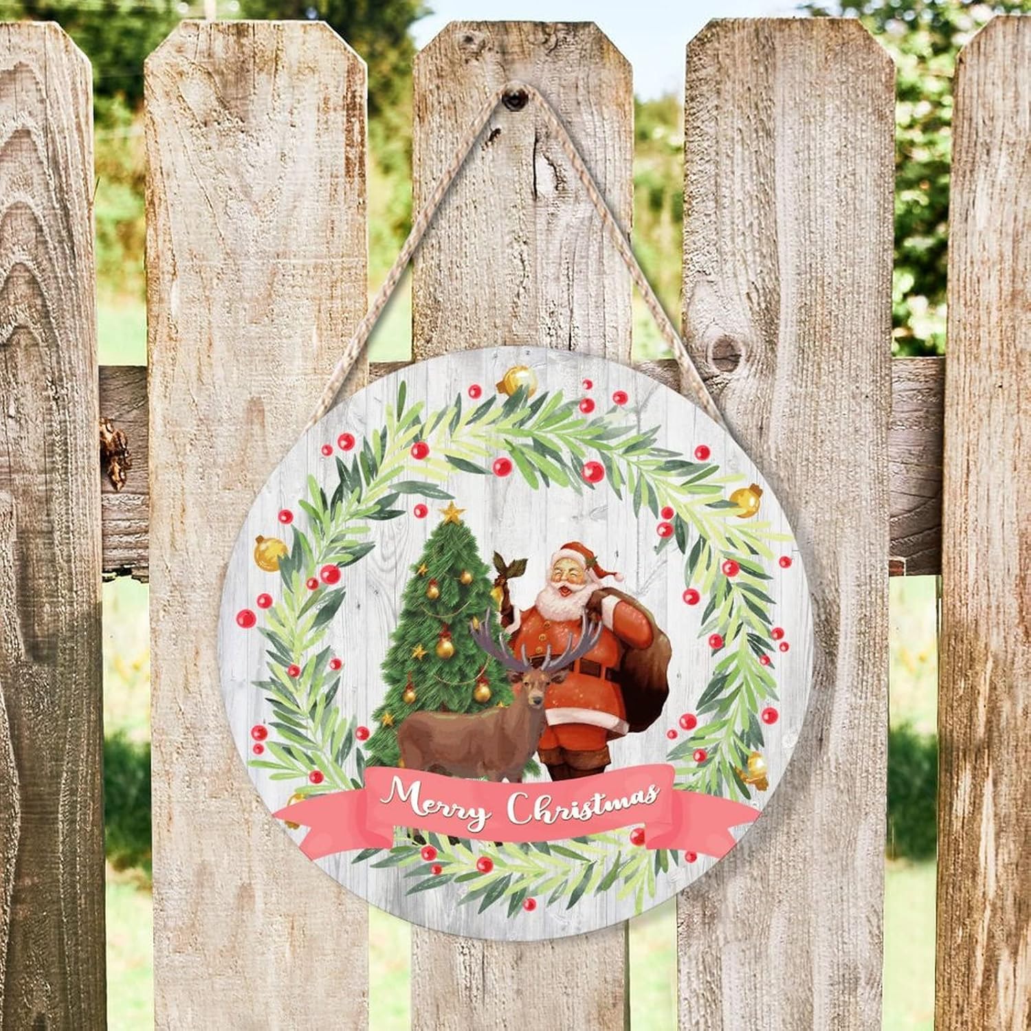 Funny Santa Claus and Reindeer Door Wreath 10x10in