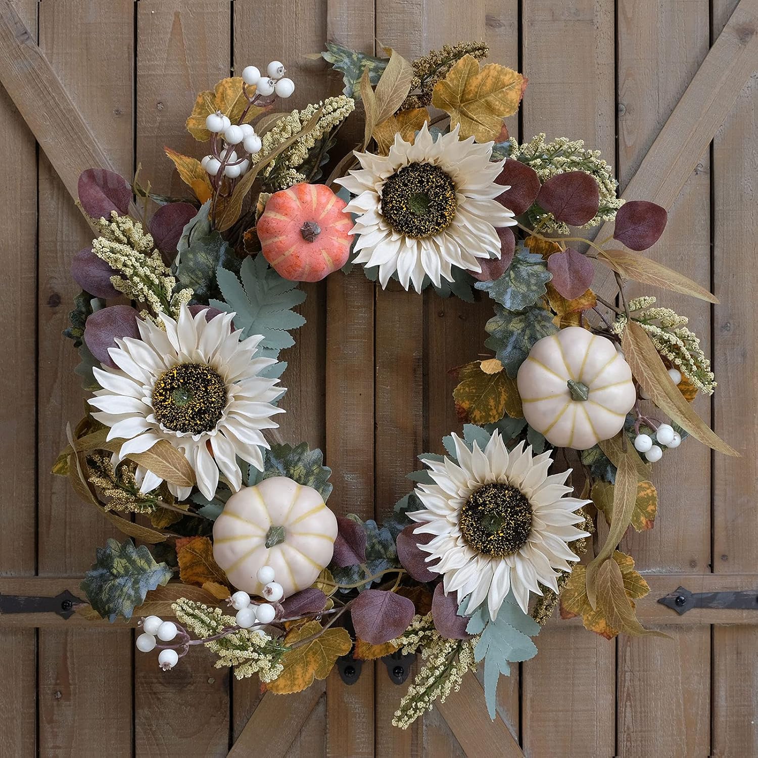 Idyllic 20 Inch White Sunflower Pumpkin Fall Wreath