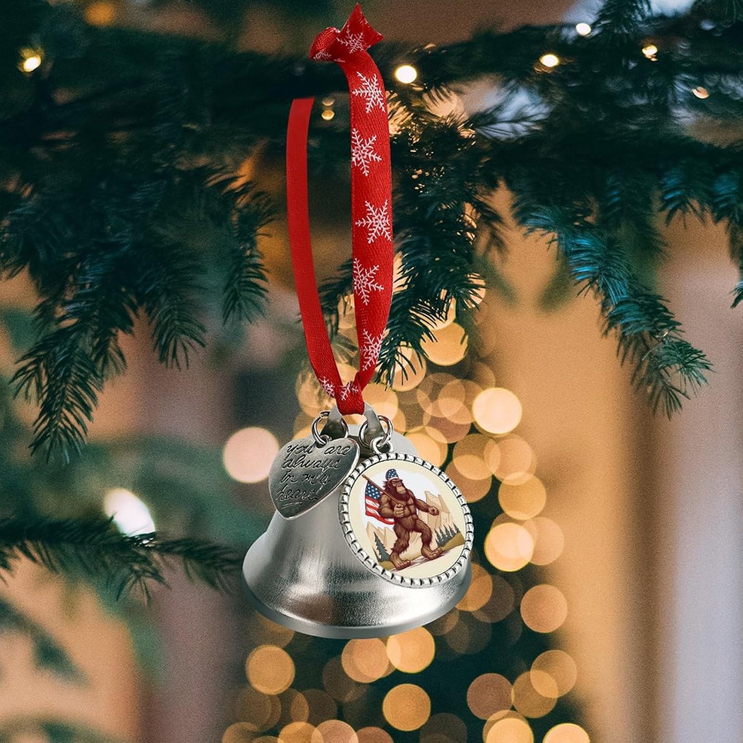 Bigfoot USA Flag Christmas Hanging Bell Ornament Decor