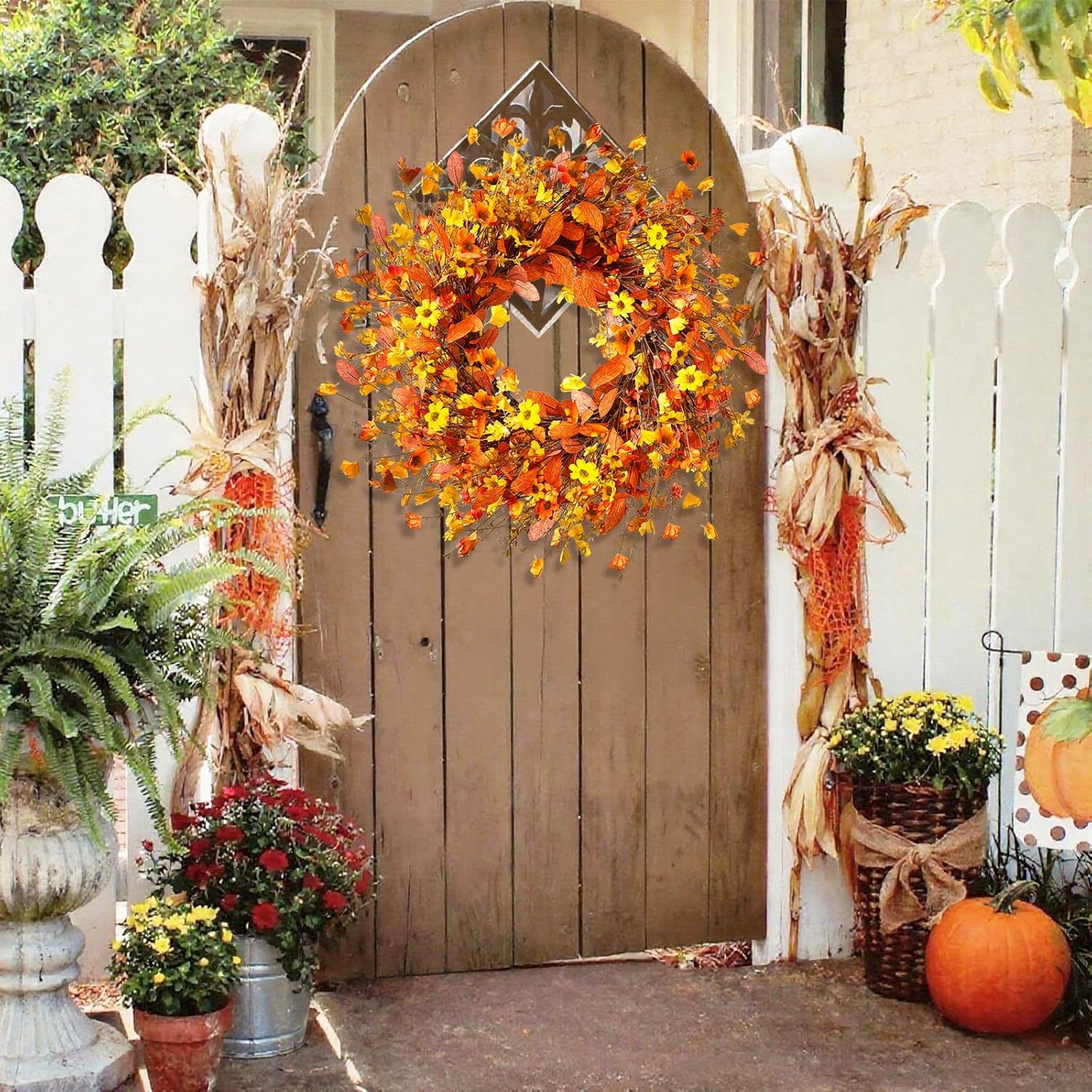 Fall Wreath for Front Door with LED Light Timer