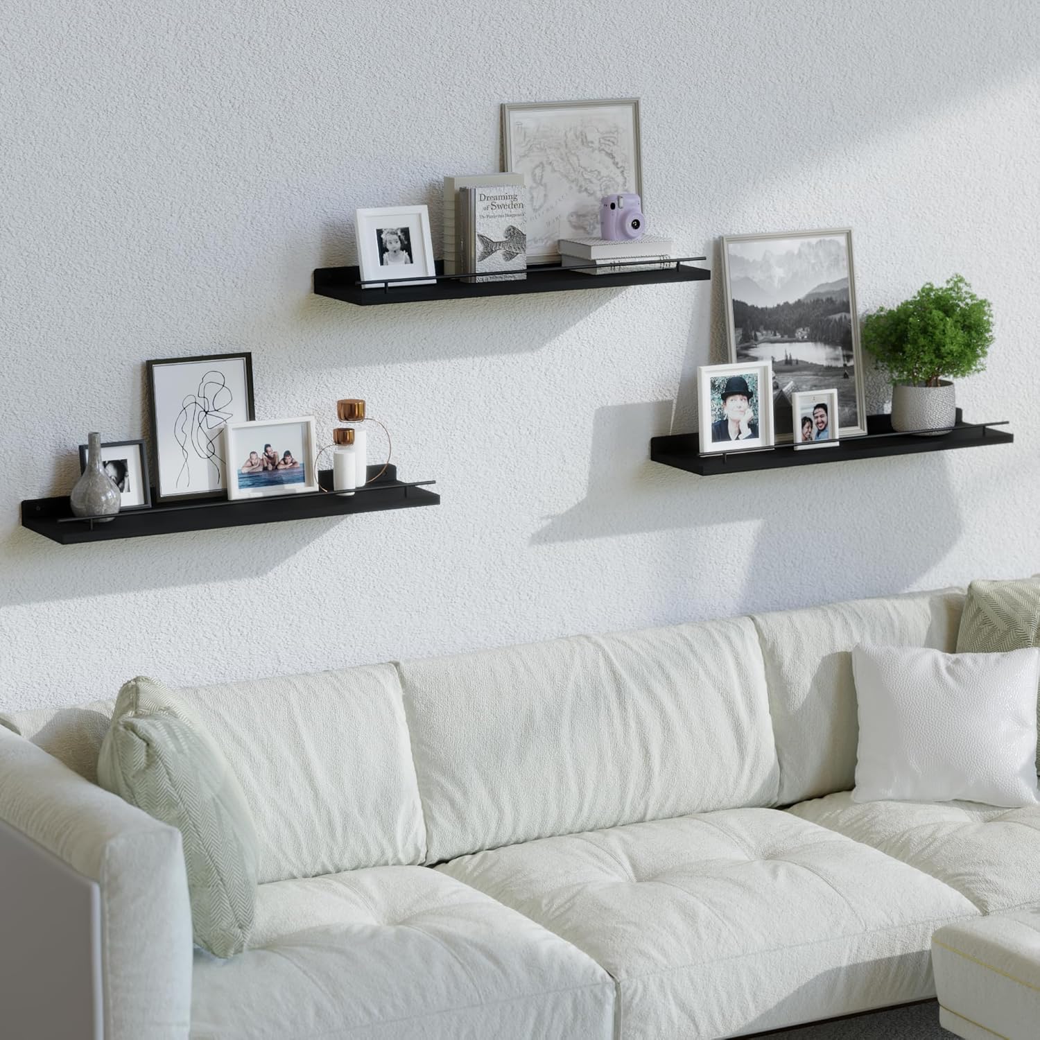 WOPITUES Floating Shelves 24 Inch Set of 3 with Gold Metal Guardrail - Black