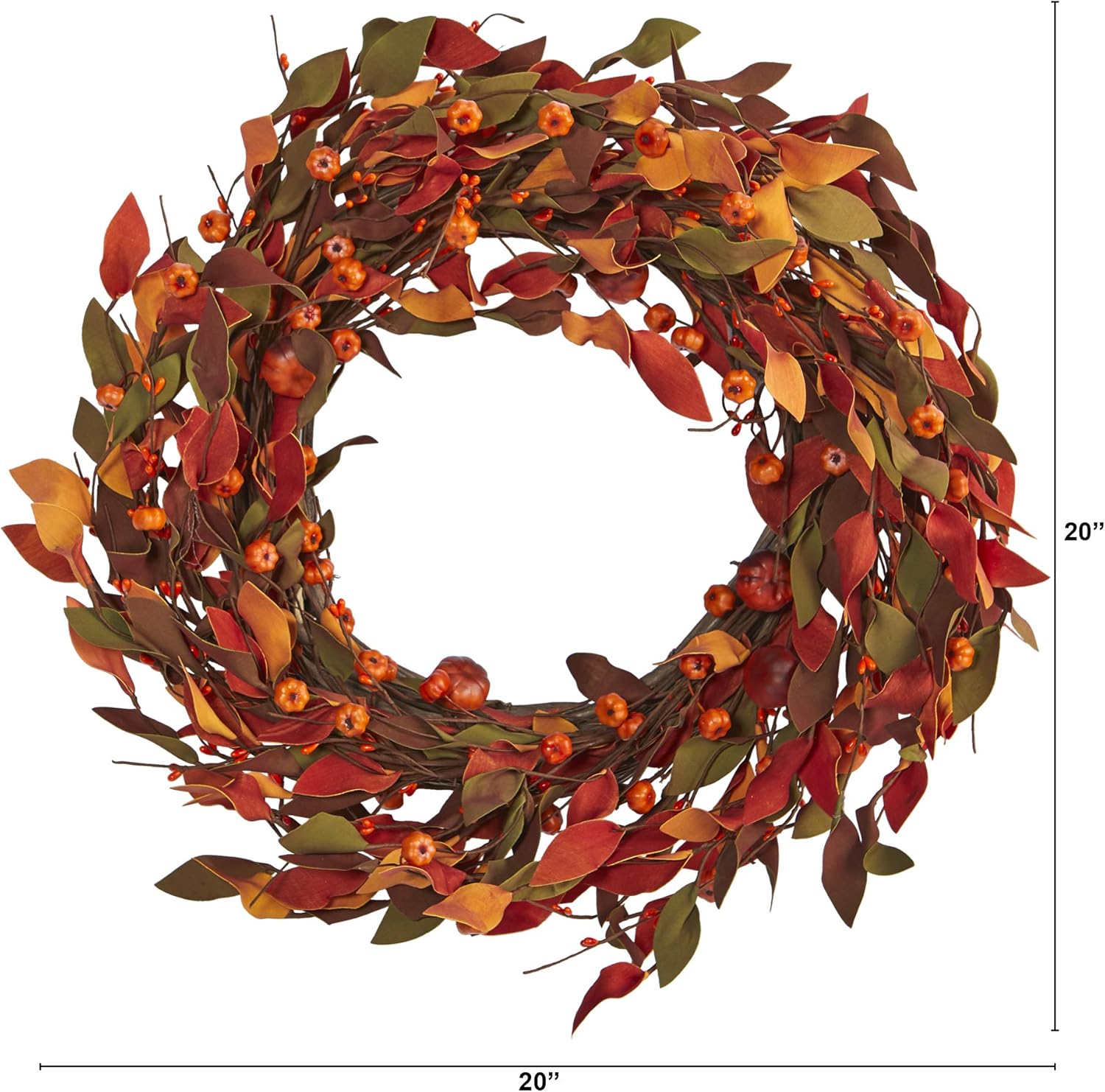 Nearly Natural 20in Harvest Leaf and Mini Pumpkin Artificial Wreath