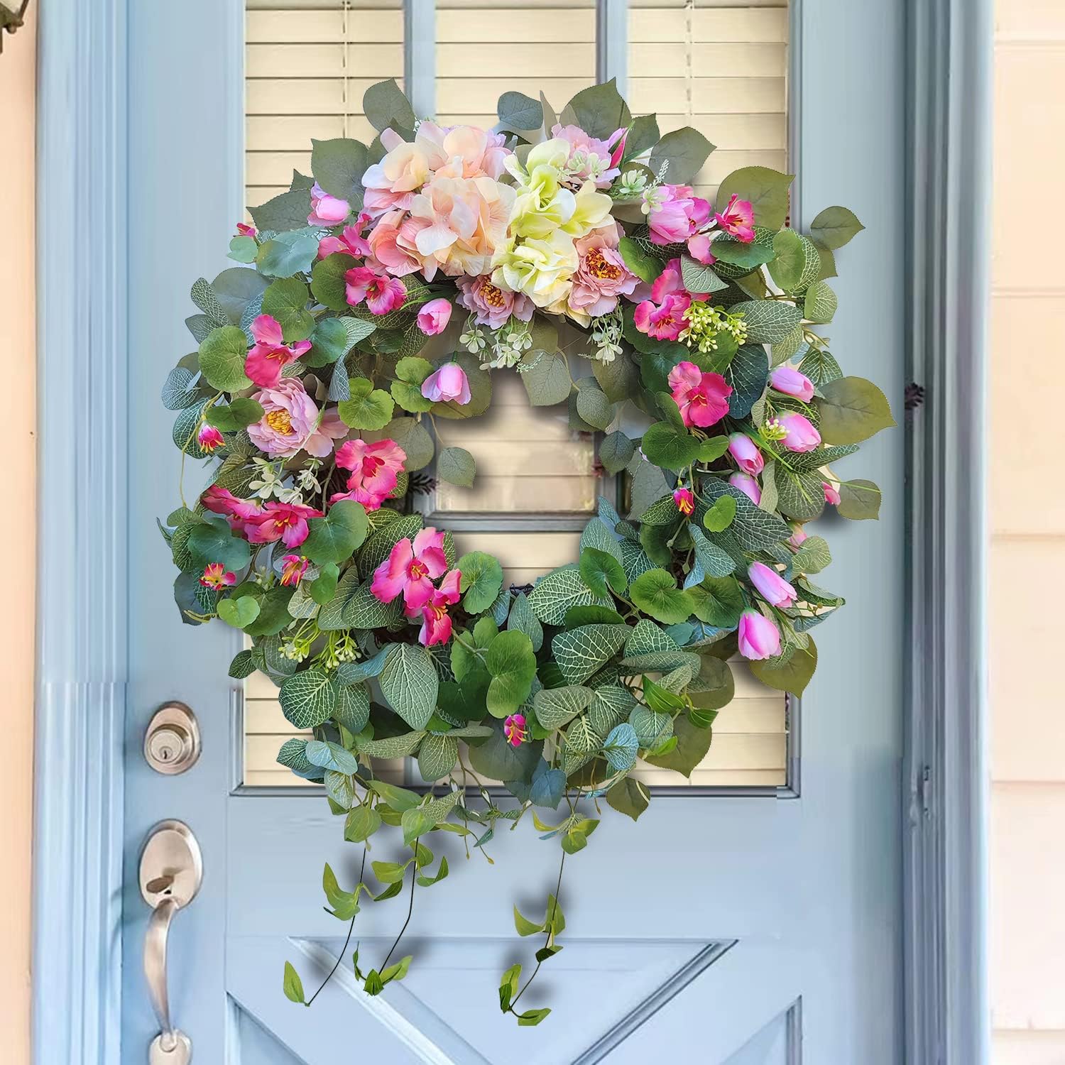 24 Inch Spring Wreath with Pink Tulips and Purple Hydrangeas
