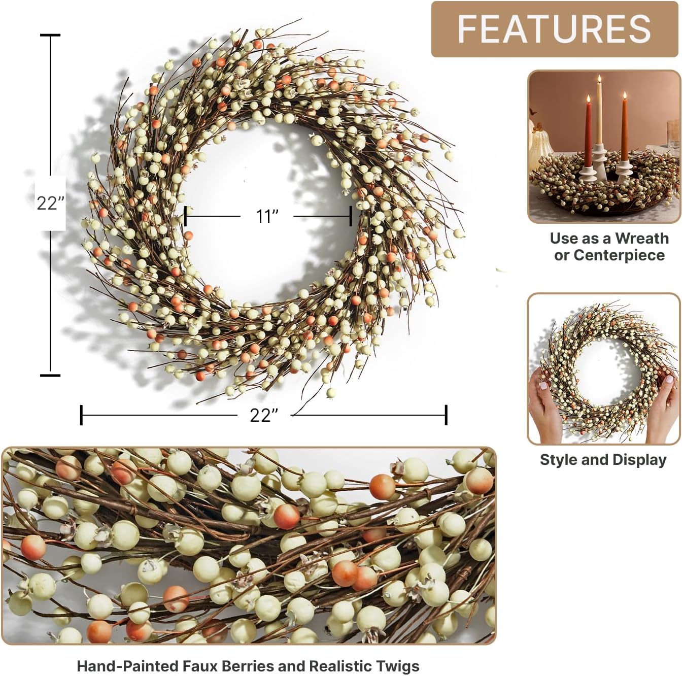 LampLust Cream Berry Grapevine Wreath for Front Door