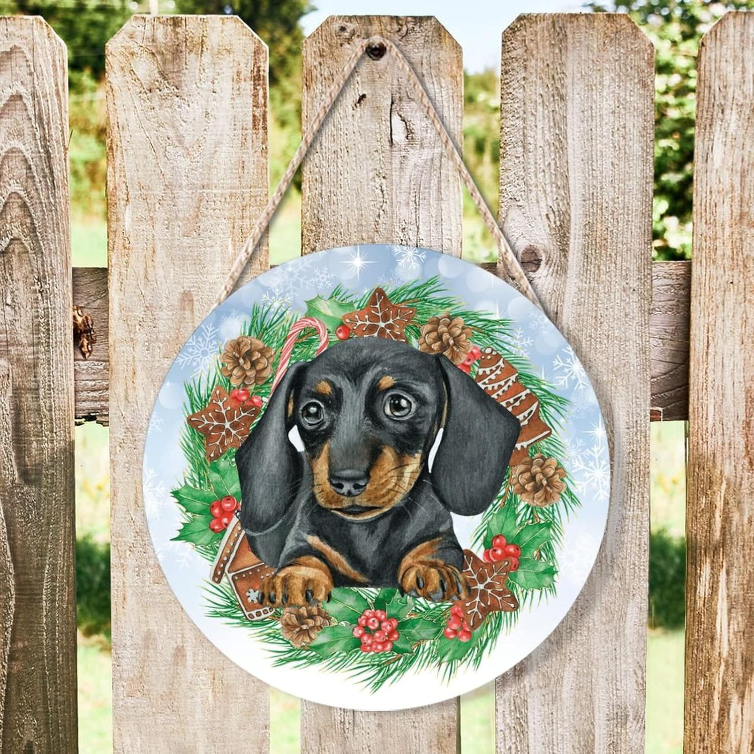 Farmhouse Front Door Hanger Christmas Dog Santa Hat Wreath Wood Sign