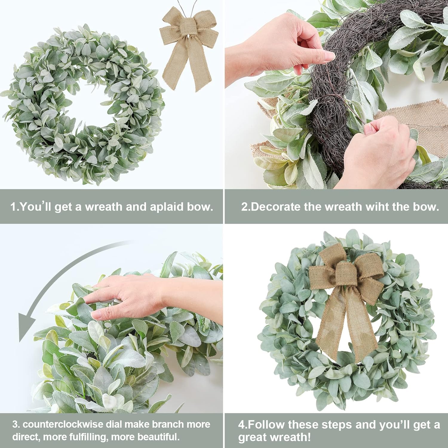 18 Inch Flocked Lambs Ear Wreath with 3 Bows