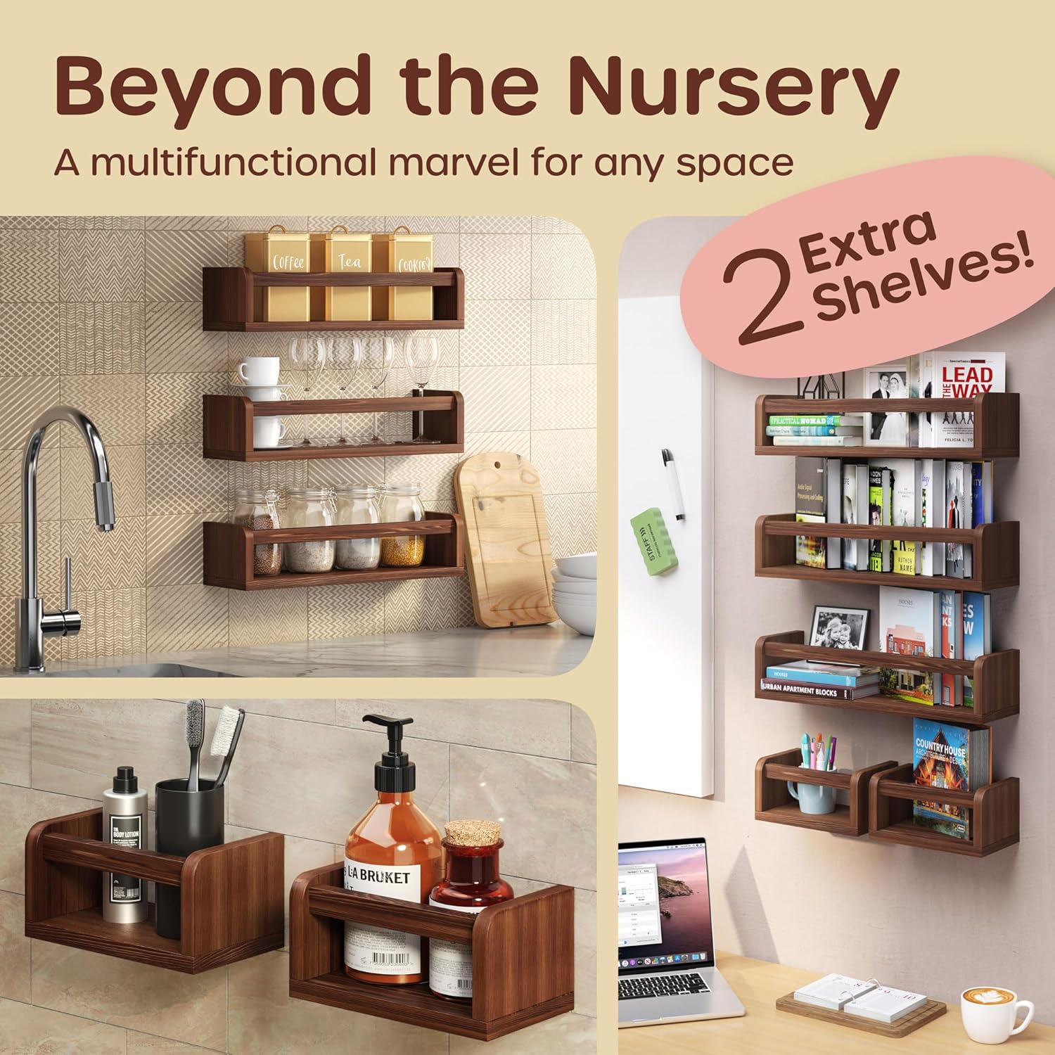 Wall-Mounted Nursery Bookshelves - 3 Long 2 Mini Shelves