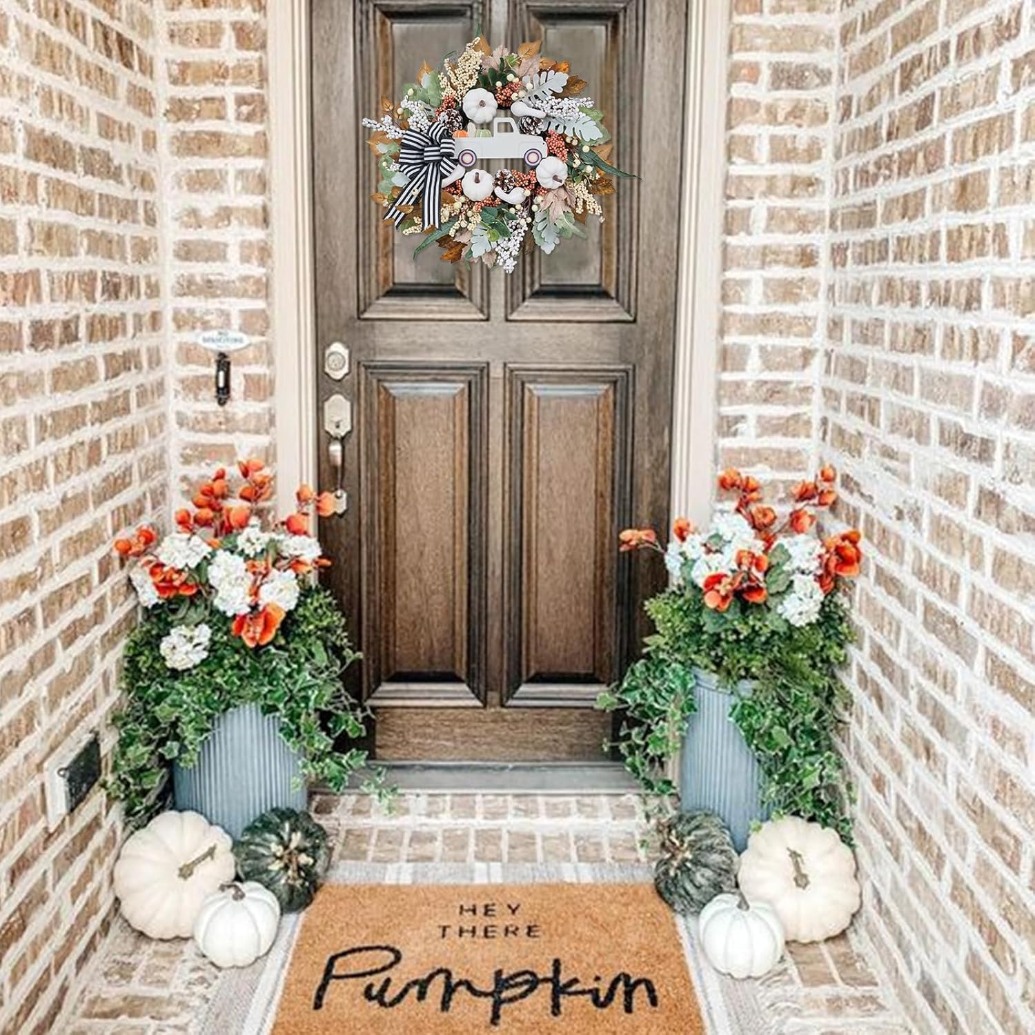 20 Inch Fall Wreath with White Pumpkin and Ribbon Bow