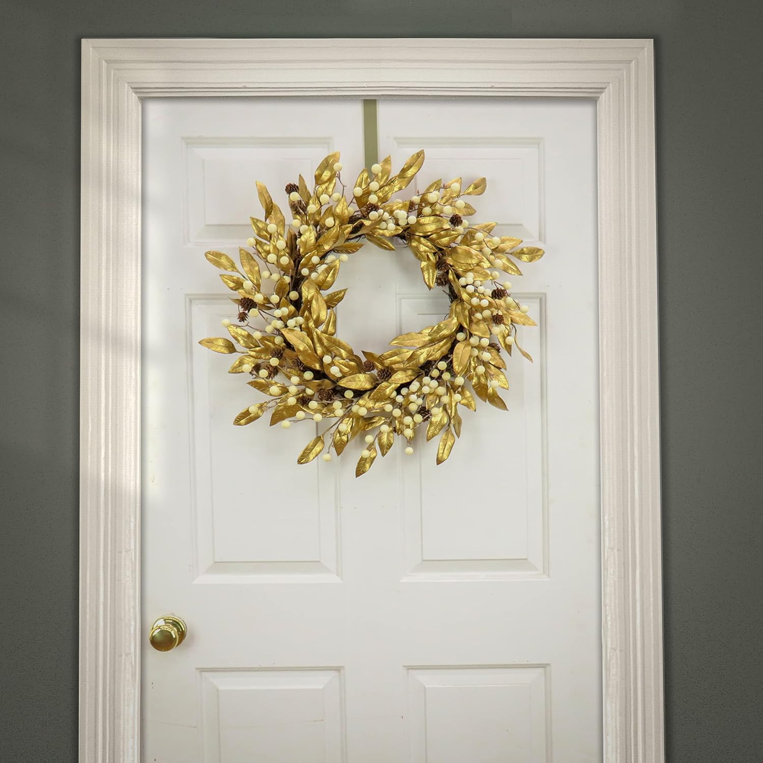 HGTV Home Collection Artificial Christmas Wreath Metallic Gold Laurel Leaves 24 Inches